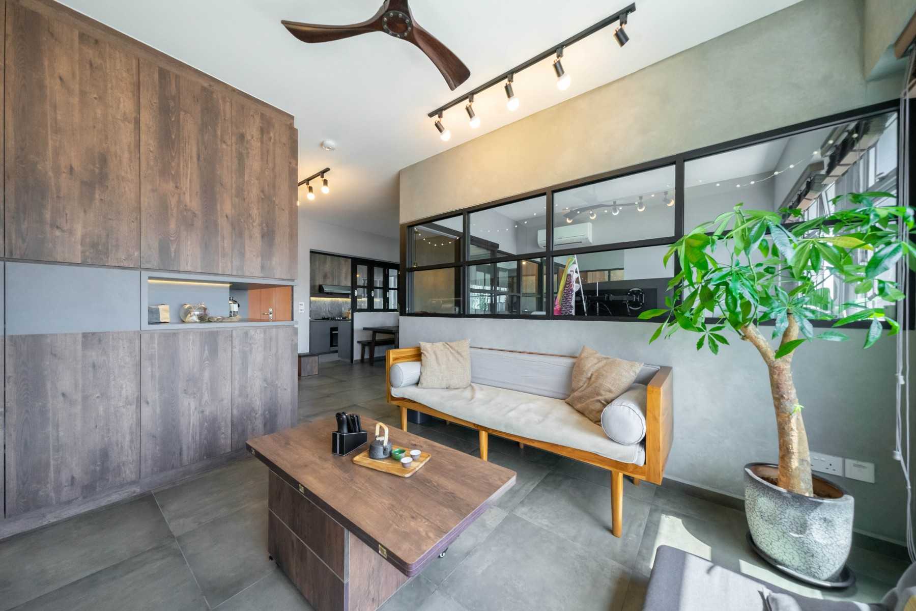 Industrial Living Room with Homogeneous Tiles and TV Console
