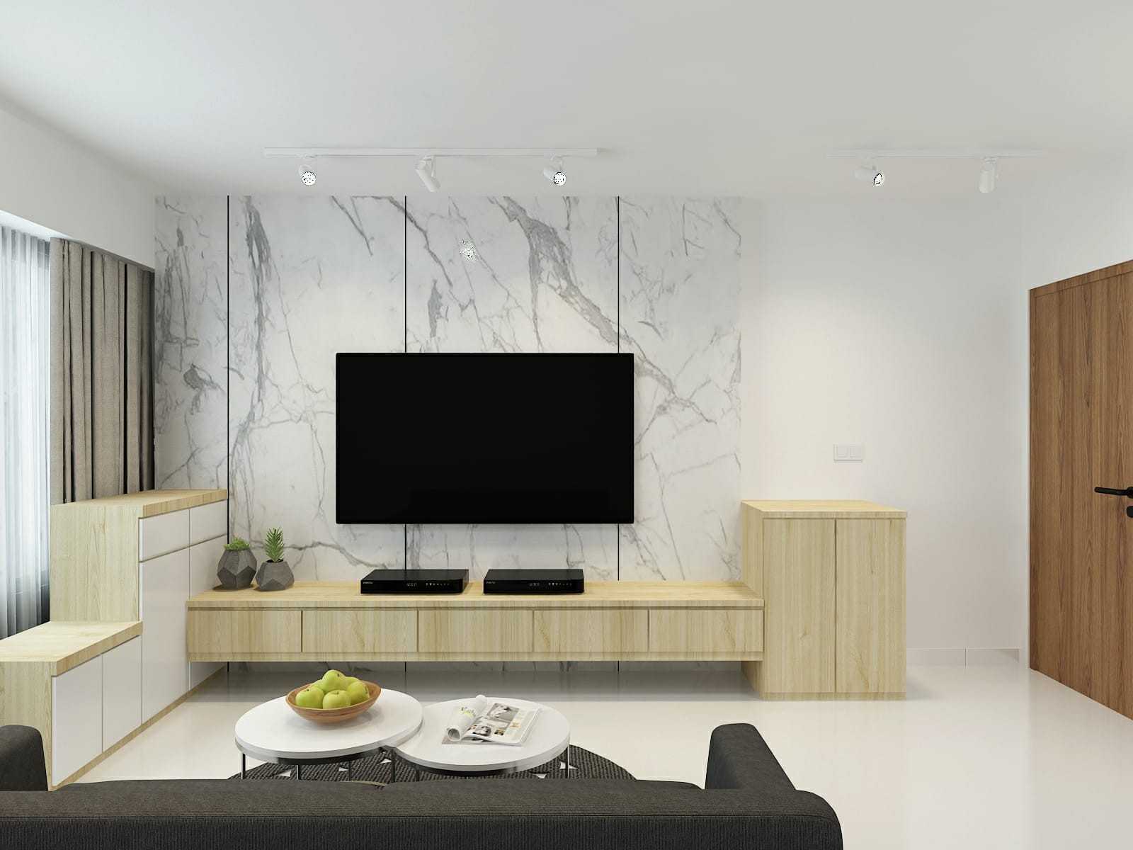 Contemporary Living Room with Homogeneous Tiles and TV Console