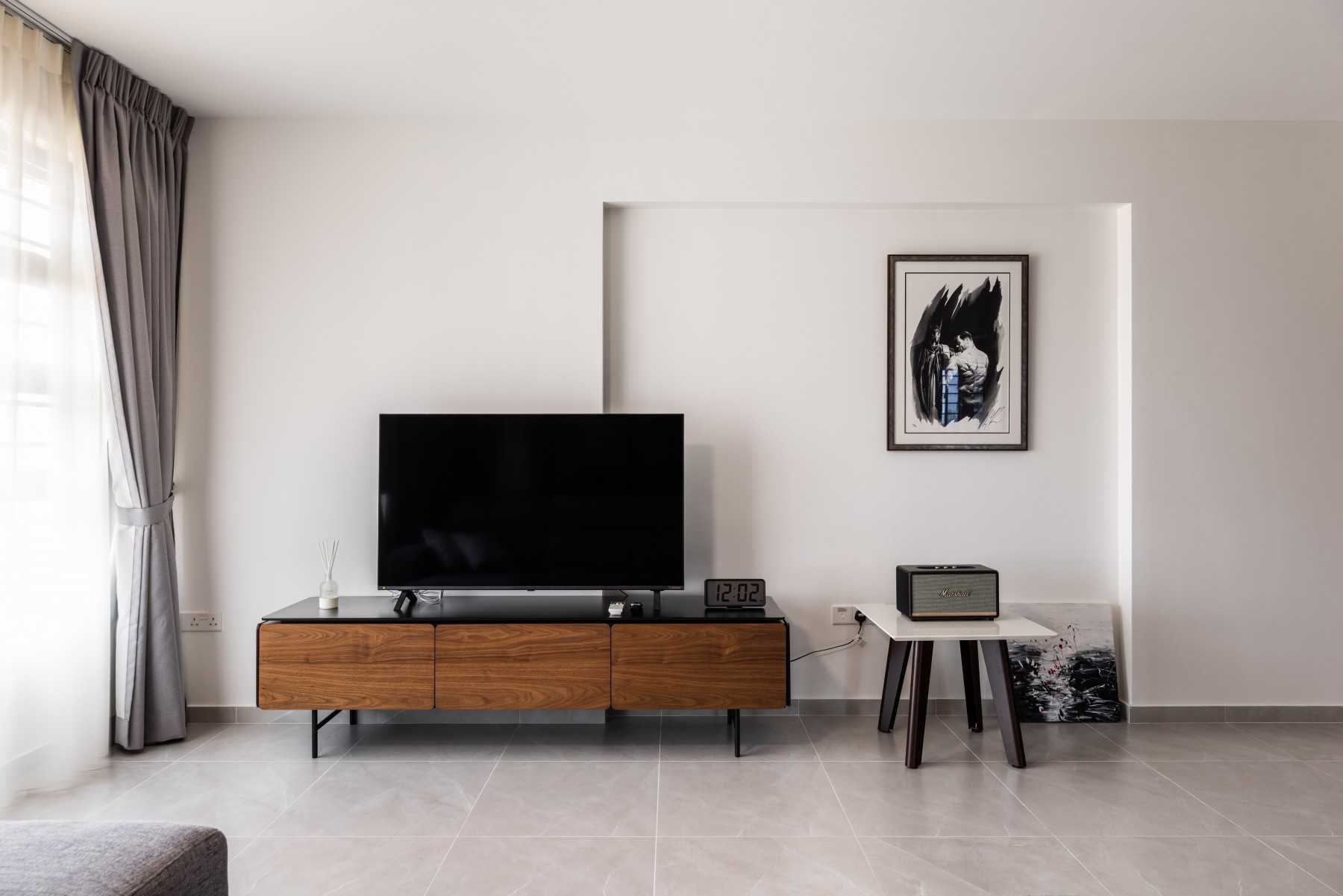 Contemporary Living Room with TV Console and Curtain