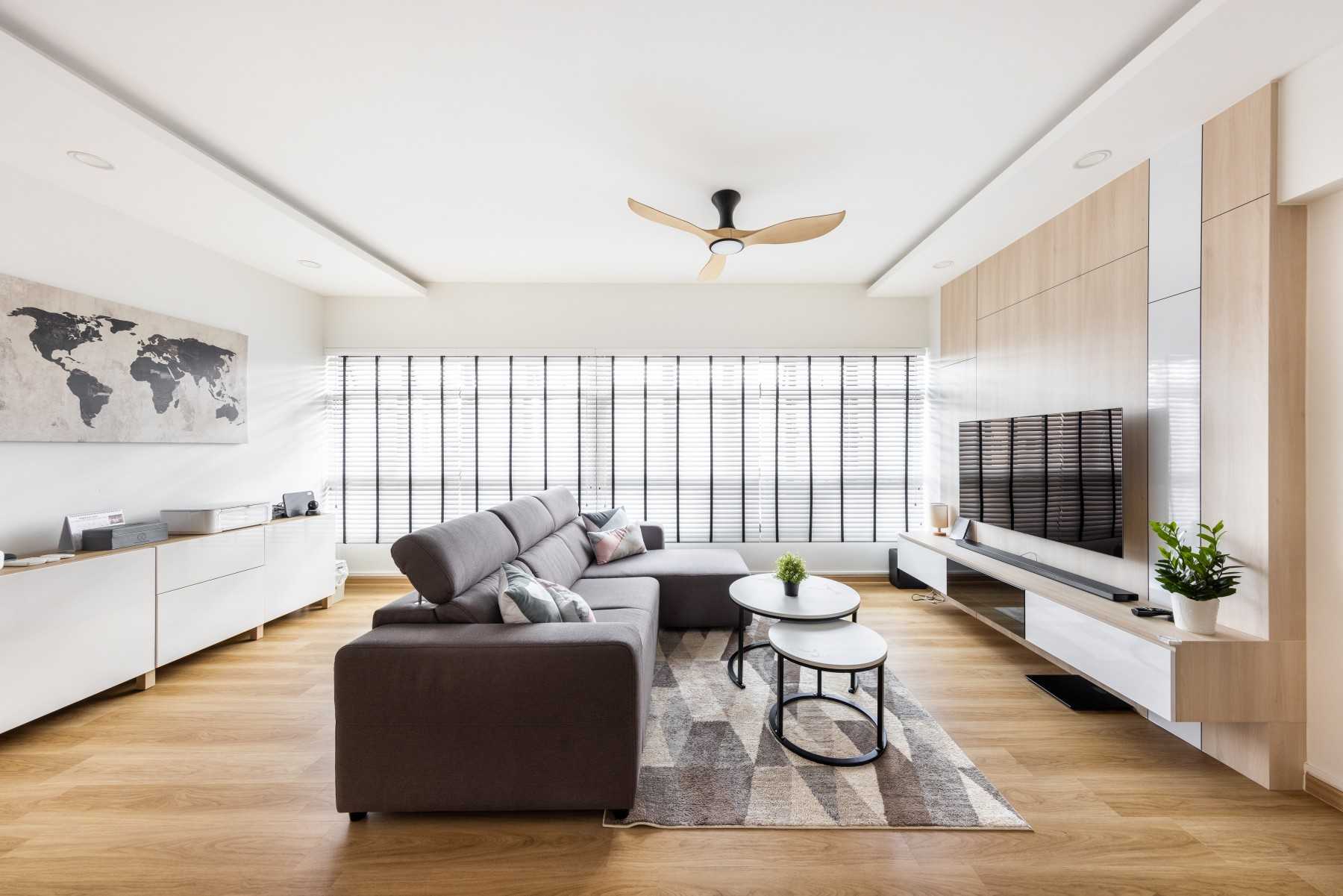 Scandinavian Living Room with TV Console and Feature Wall