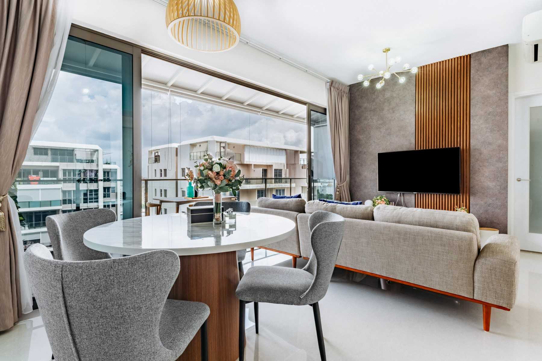 Asian Living Room with Marble Floor and TV Console