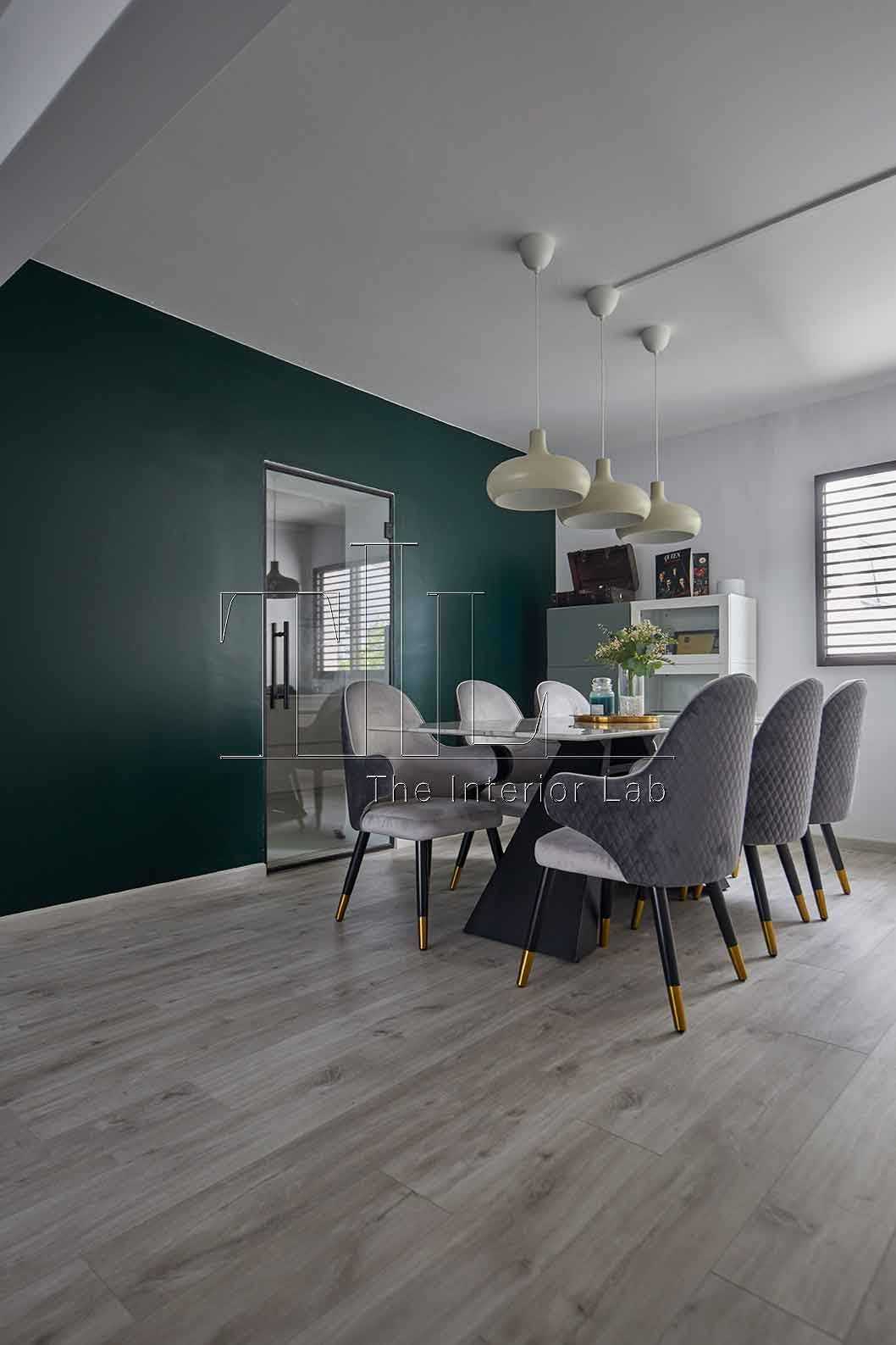 Contemporary Dining Room with Vinyl Flooring and Feature Wall