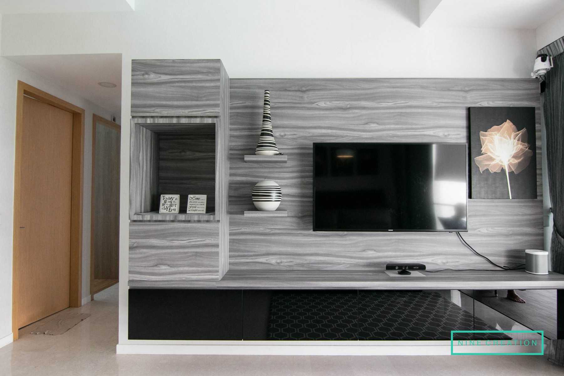 Contemporary Living Room with Homogeneous Tiles and TV Console