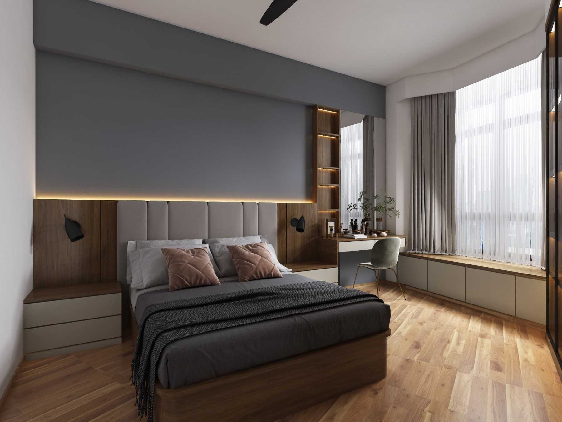 Contemporary Bedroom with Parquet Floor and Bay Window
