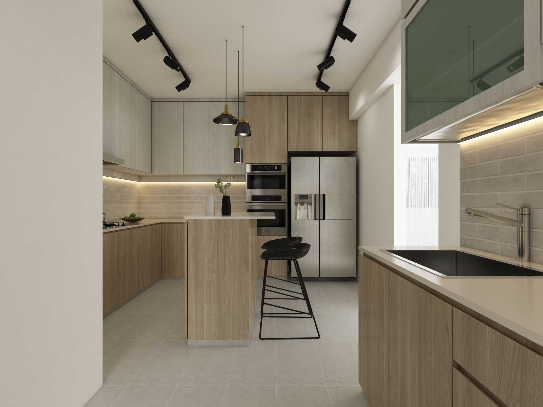 Contemporary Kitchen with Homogeneous Tiles and Kitchen Island