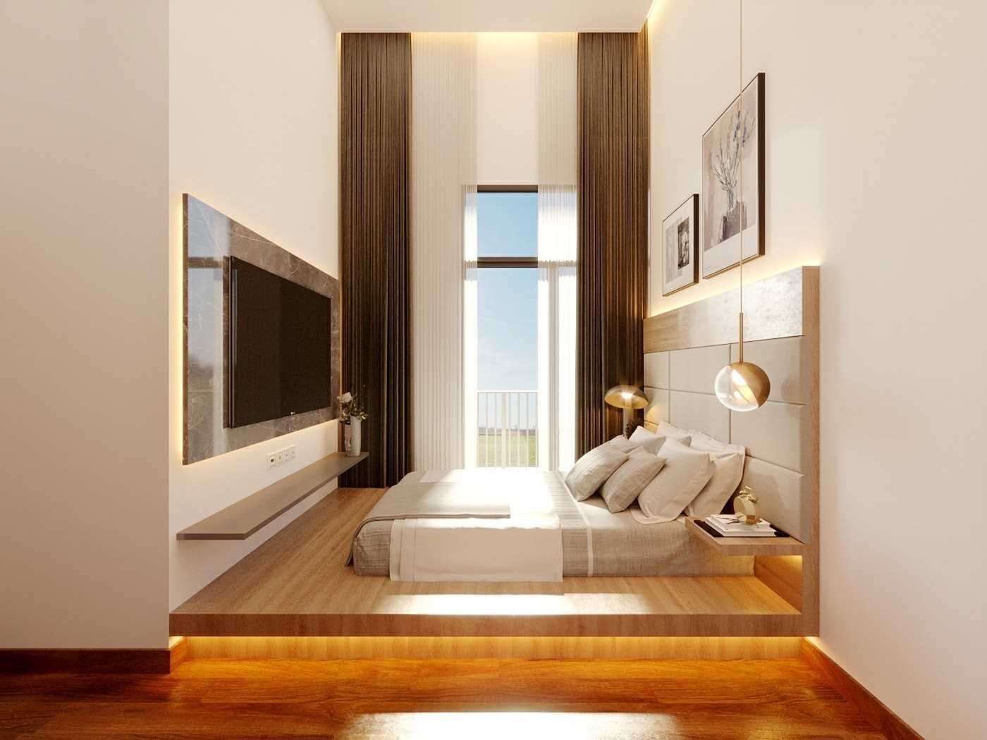 Contemporary Bedroom with Parquet Floor and Feature Wall