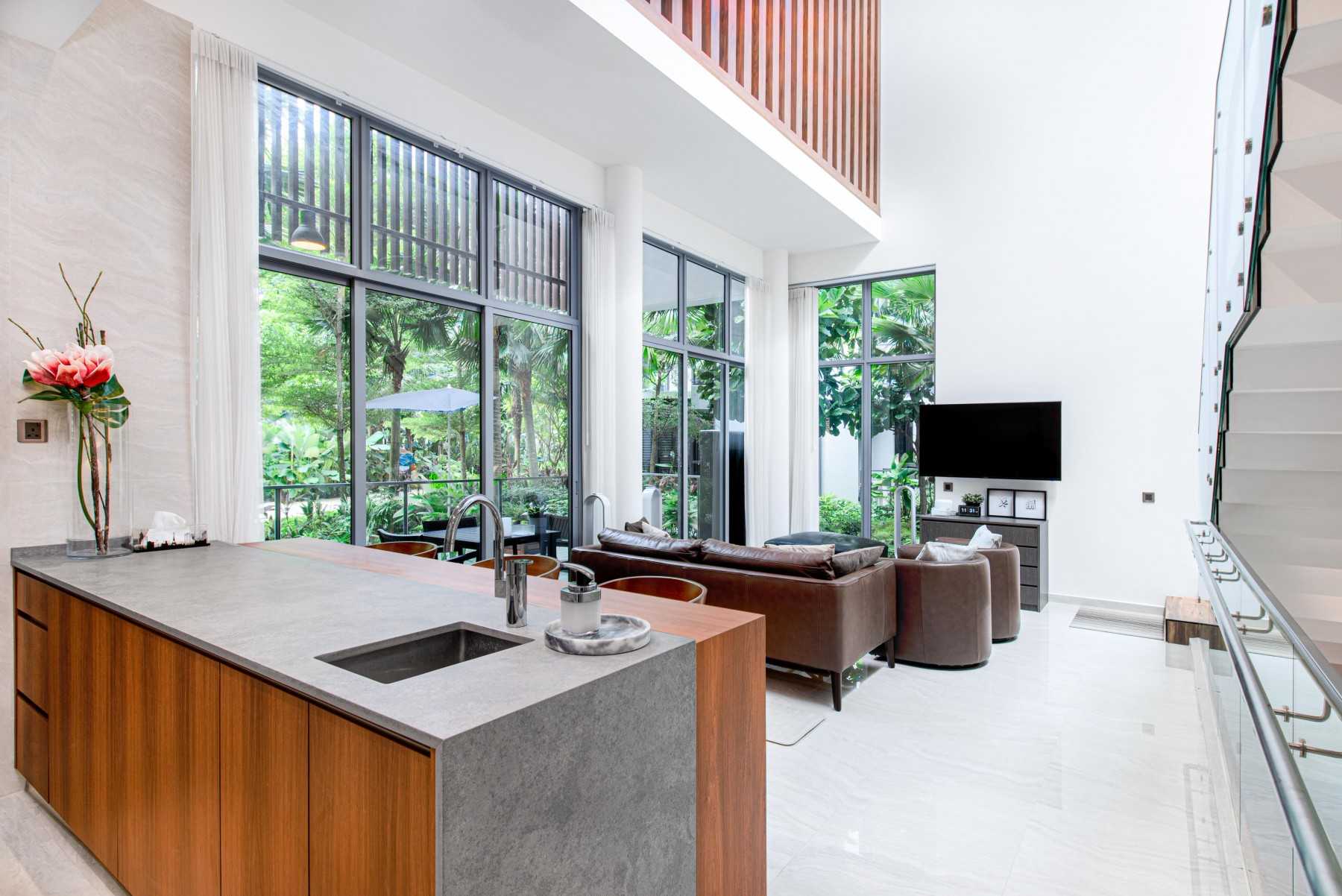 Modern Living Room with Homogeneous Tiles and Sofa