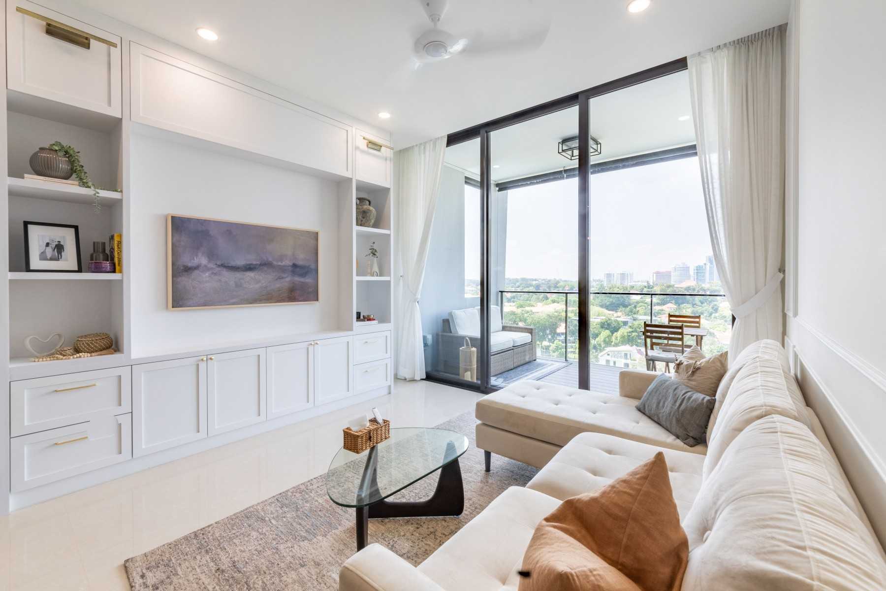 Minimalist Living Room with Marble Floor and TV Console