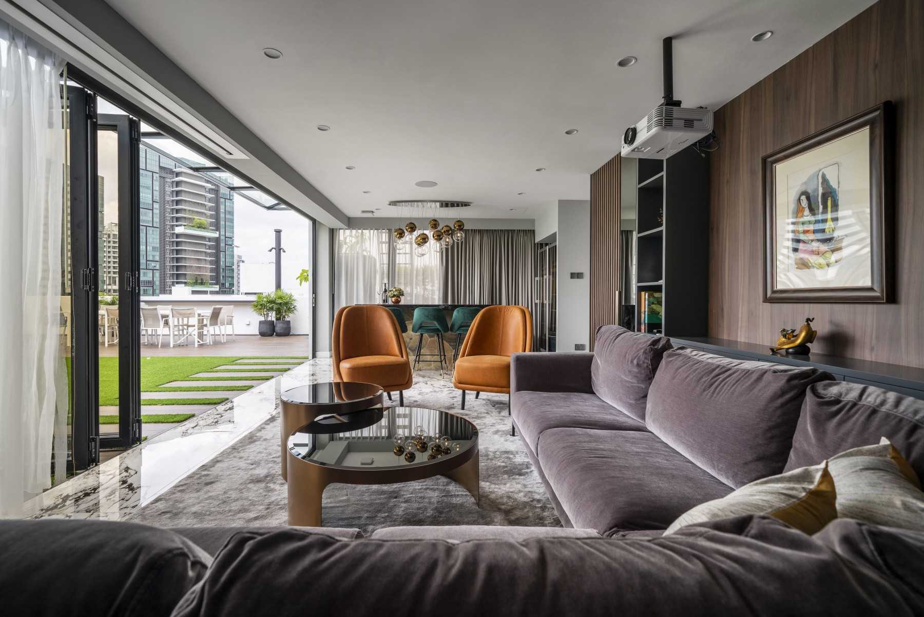Contemporary Home Theatre with Sofa and Coffee Table