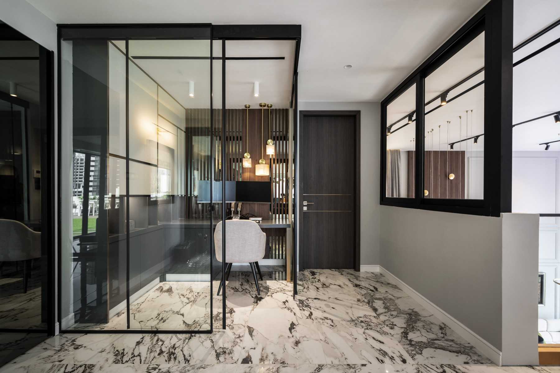 Contemporary Study with Drop Light and Storage Cabinets