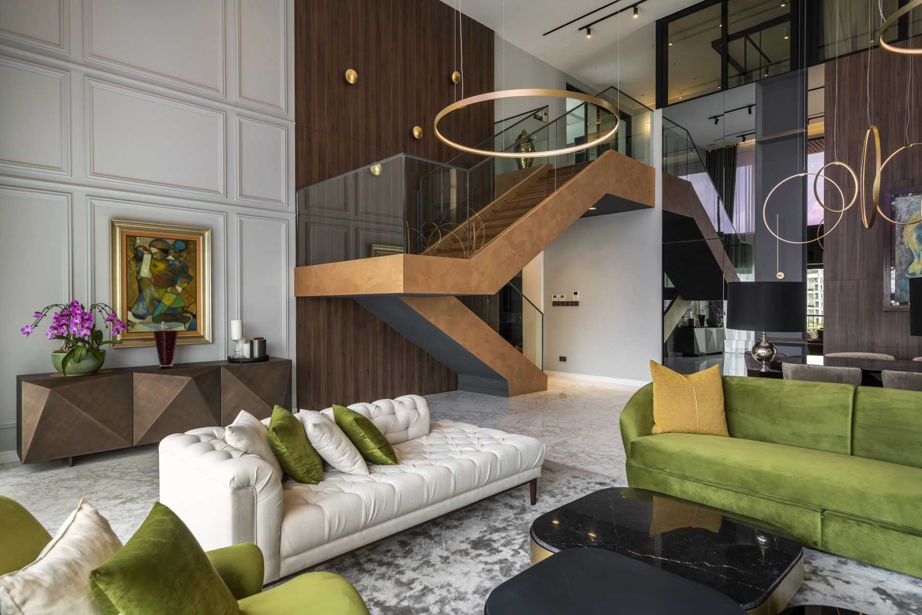 Contemporary Living Room with Marble Floor and Feature Wall