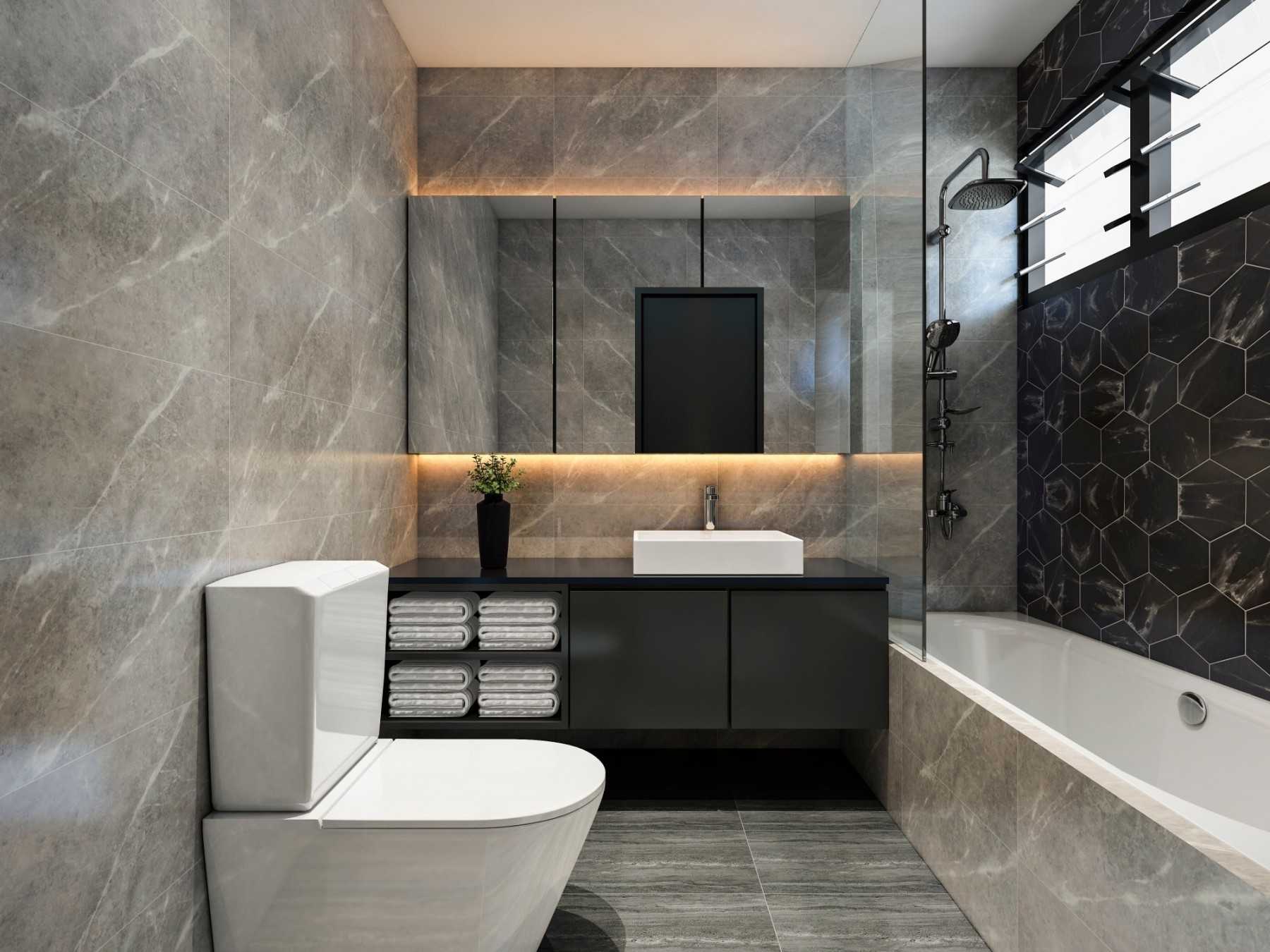 Contemporary Bathroom with Countertop and Homogeneous Tiles