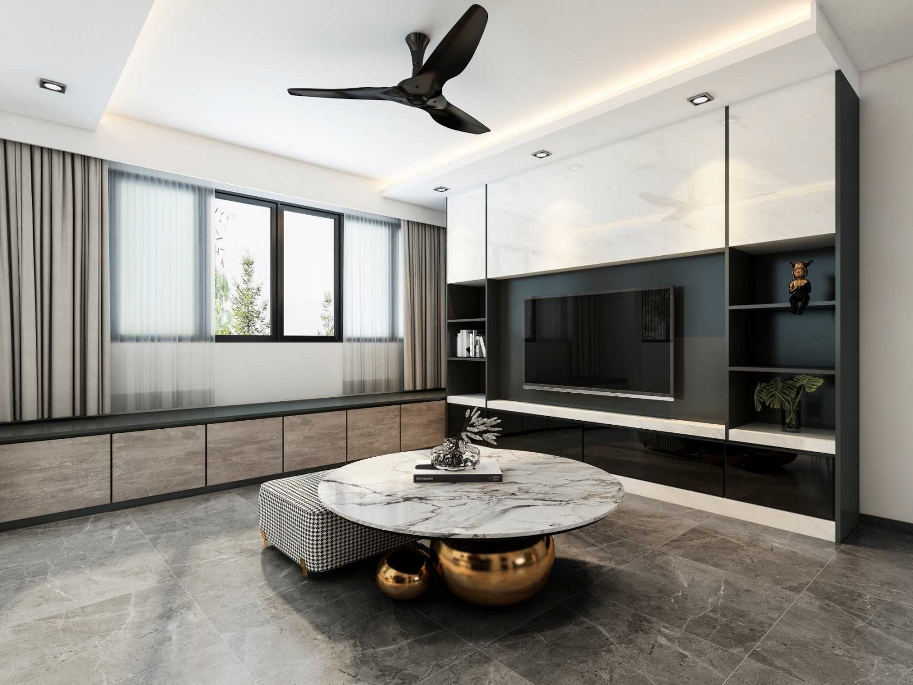 Contemporary Living Room with Homogeneous Tiles and TV Console