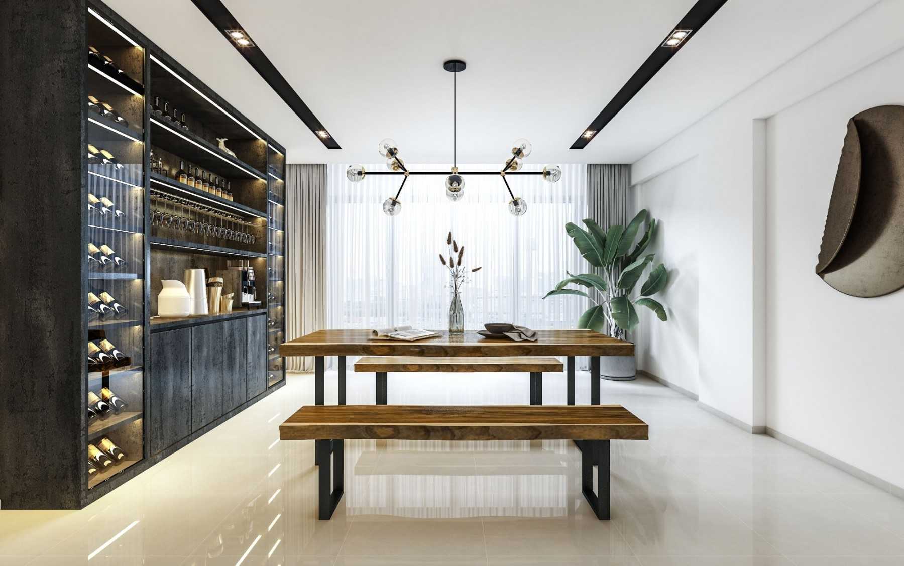 Contemporary Dining Room with Drop Light and Downlights