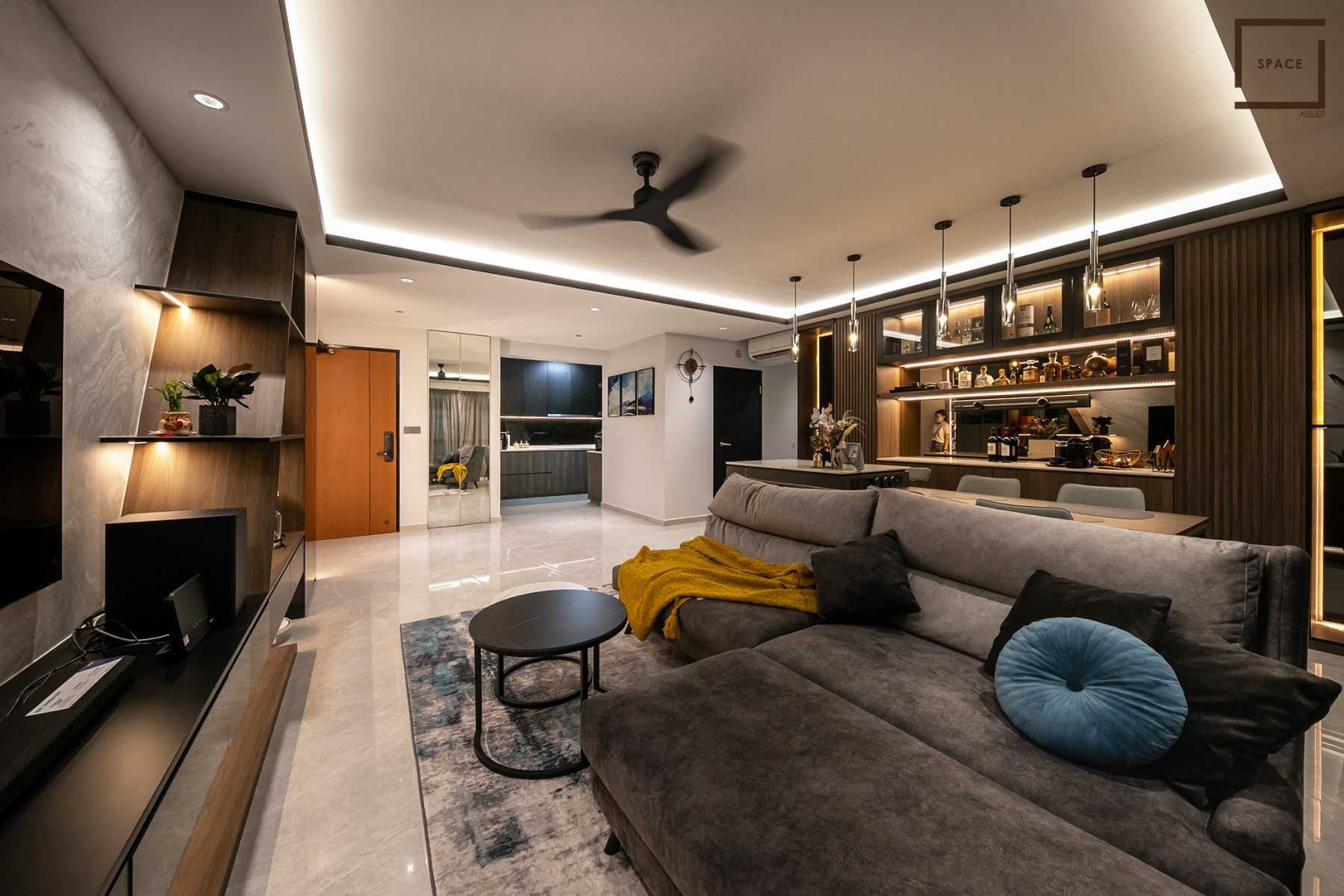 Modern Living Room with Homogeneous Tiles and TV Console