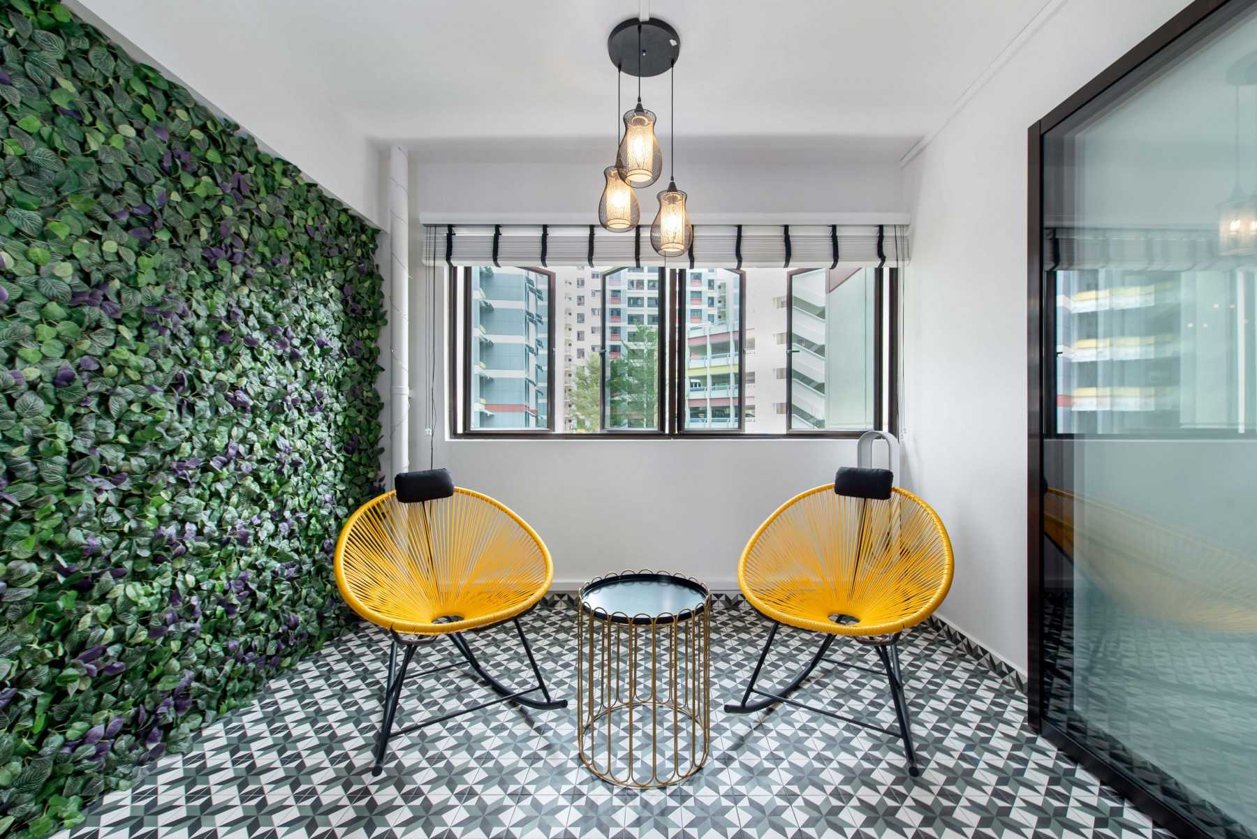 Eclectic Balcony with Outdoor Table and Rattan Furniture