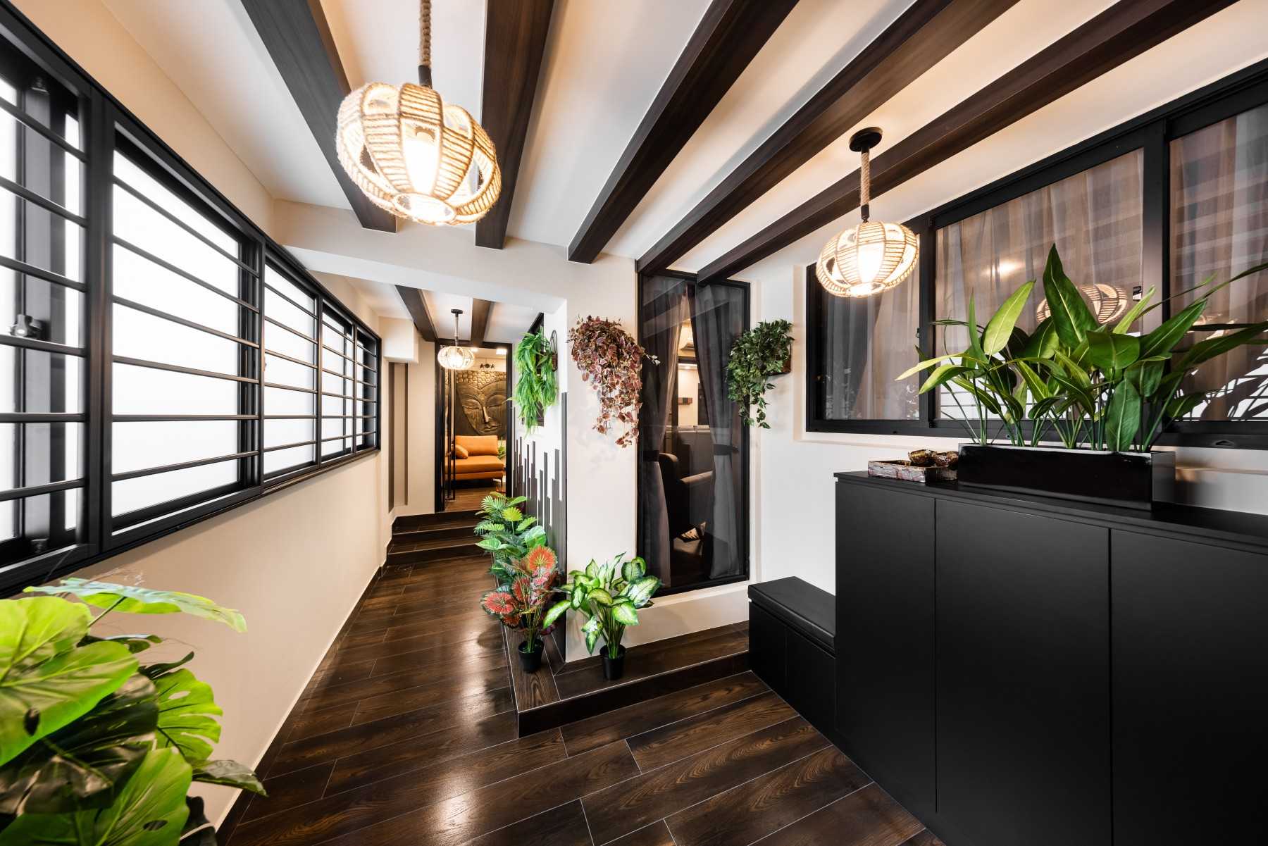 Contemporary Entryway with Window Grille and Seating Bench
