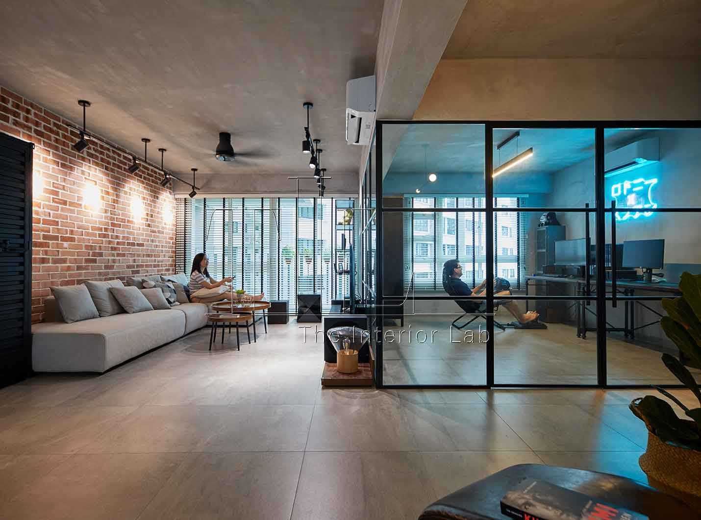 Industrial Living Room with Feature Wall and Glass Door