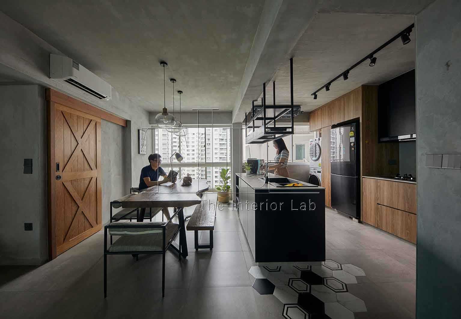 Industrial Dining Room with Kitchen Island and Open Kitchen