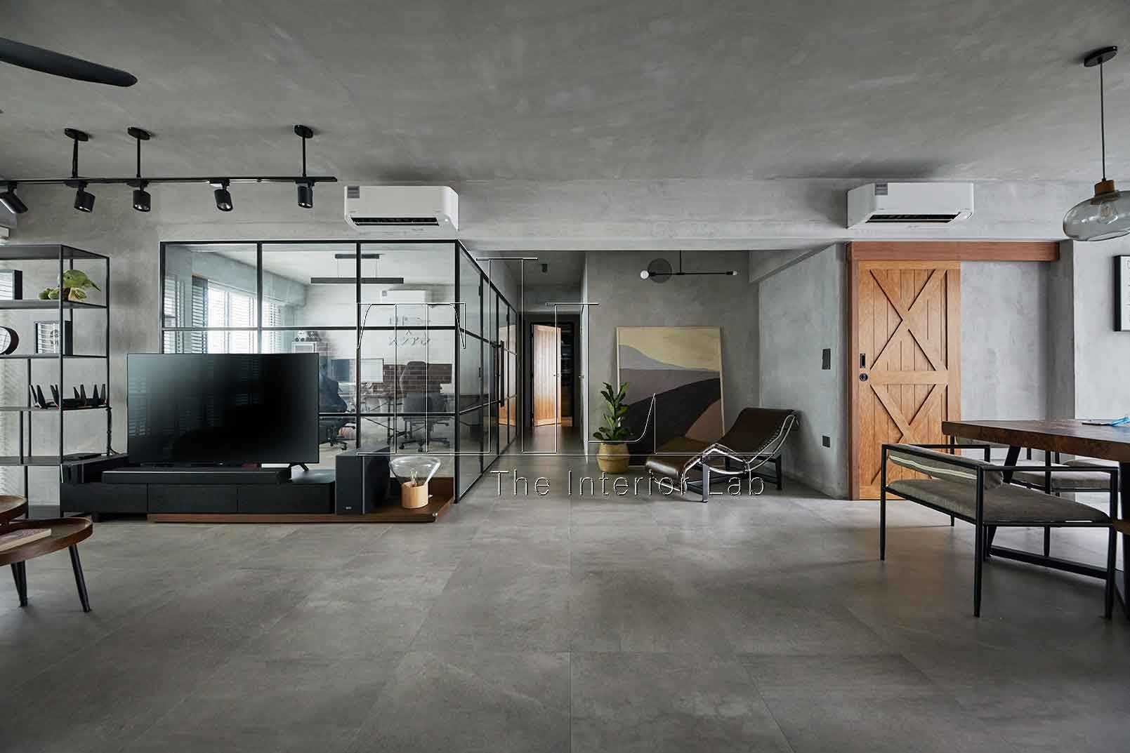Industrial Living Room with TV Console and Feature Wall