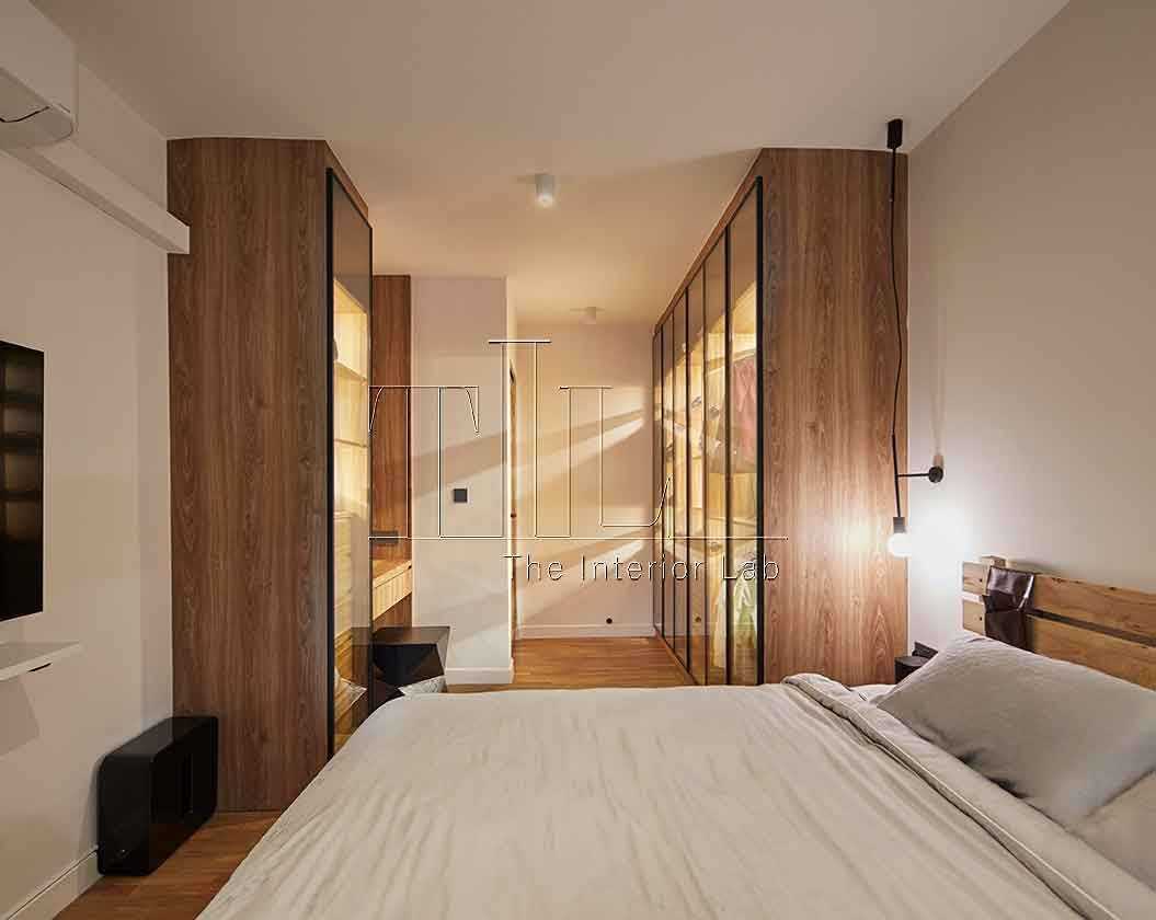 Industrial Bedroom with Vinyl Flooring and Cove Lighting