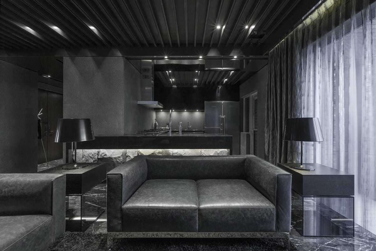 Contemporary Living Room with Marble Floor and Kitchen Island
