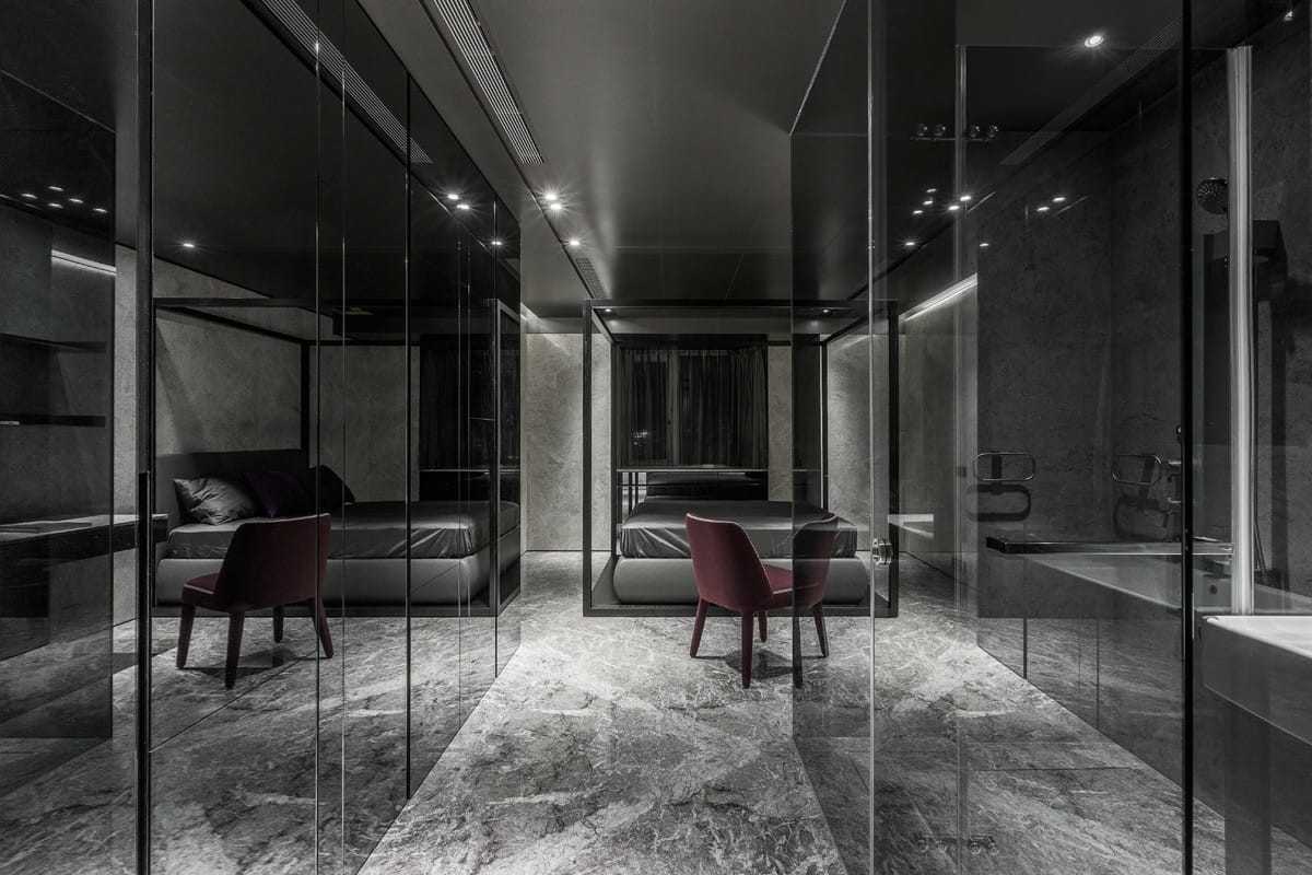 Contemporary Bedroom with Marble Floor and Mirror