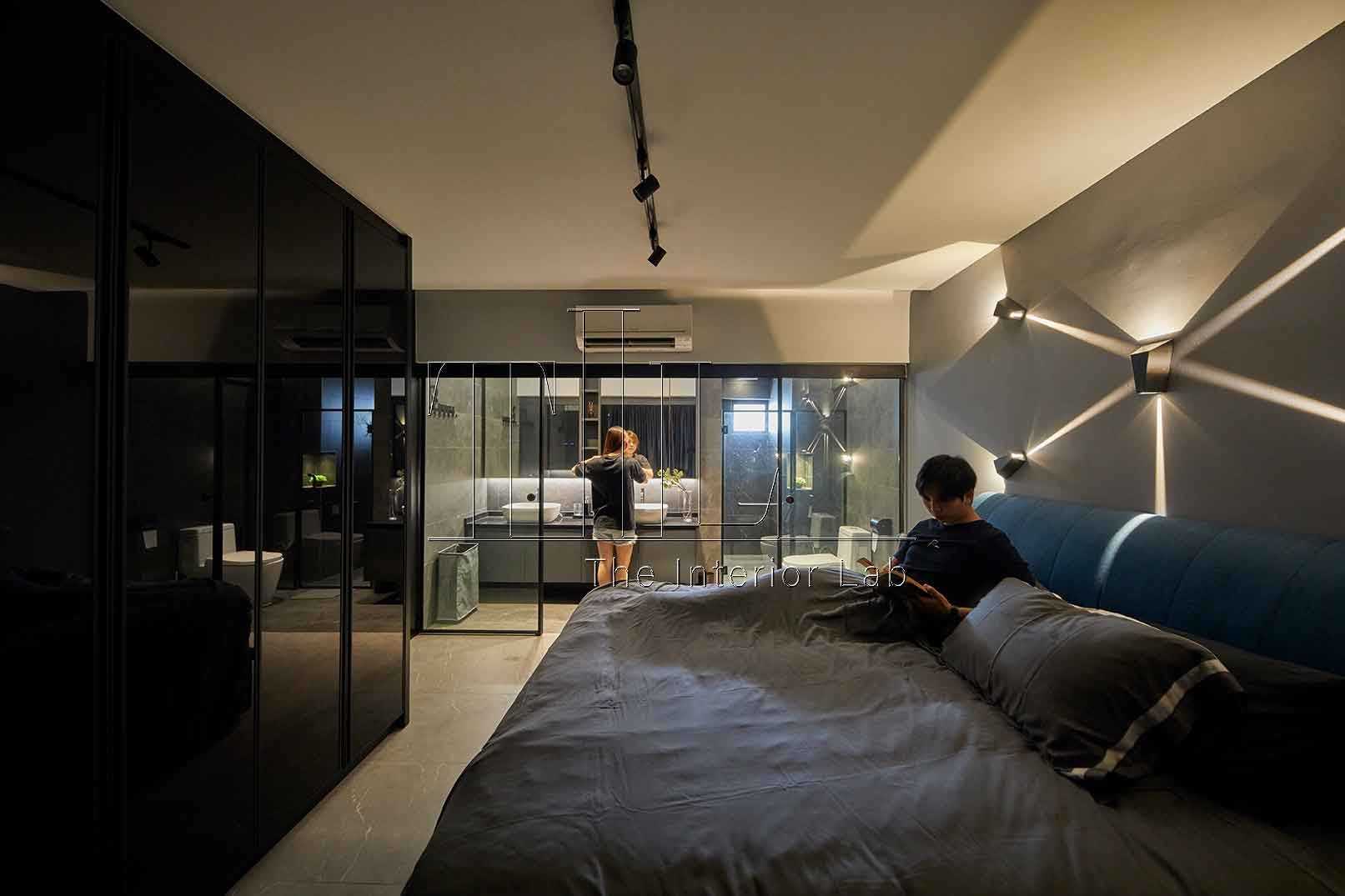Contemporary Bedroom with Feature Wall and Glass Door