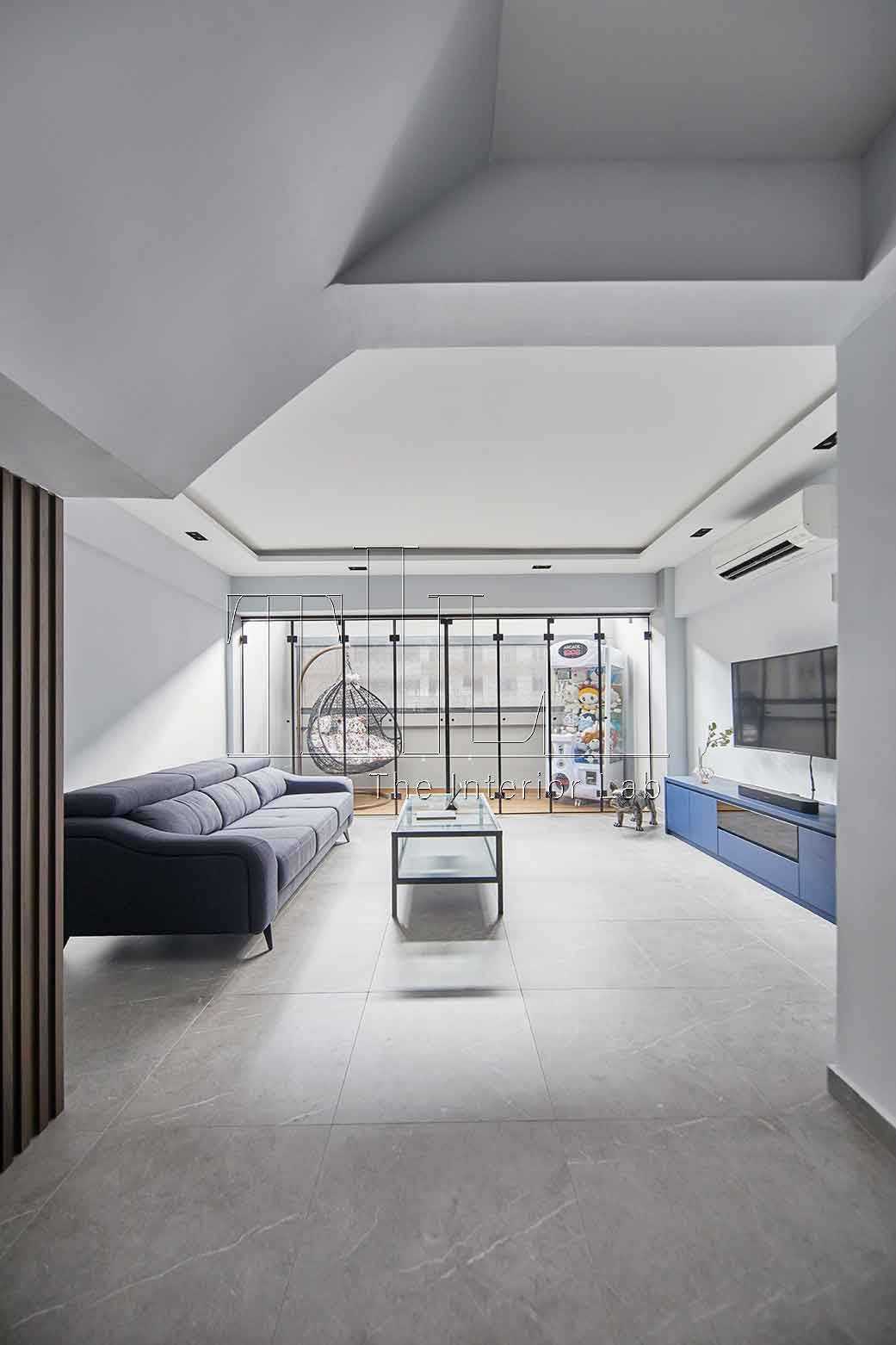 Contemporary Living Room with TV Console and Glass Door