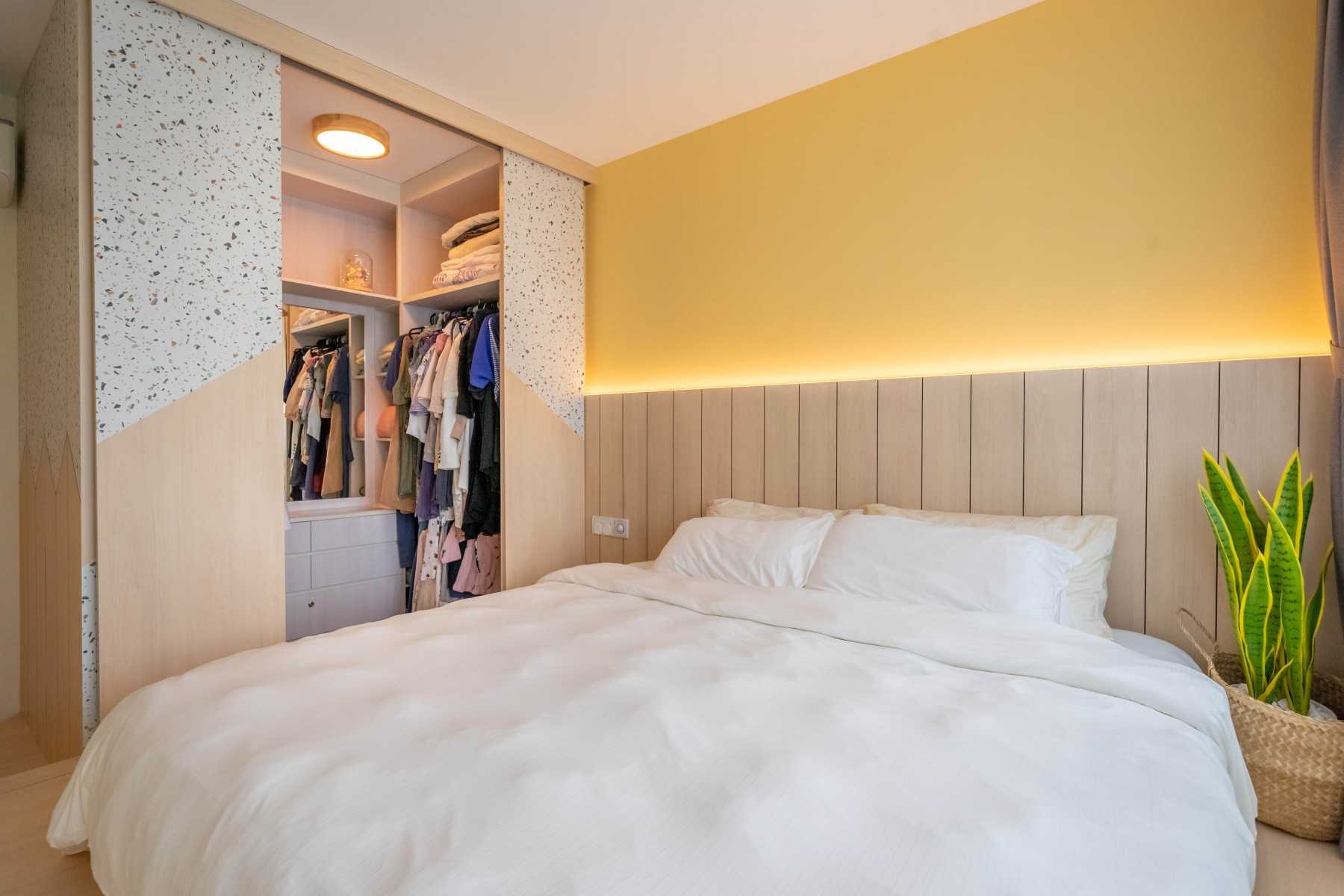 Scandinavian Bedroom with Platform Bed and Vinyl Flooring
