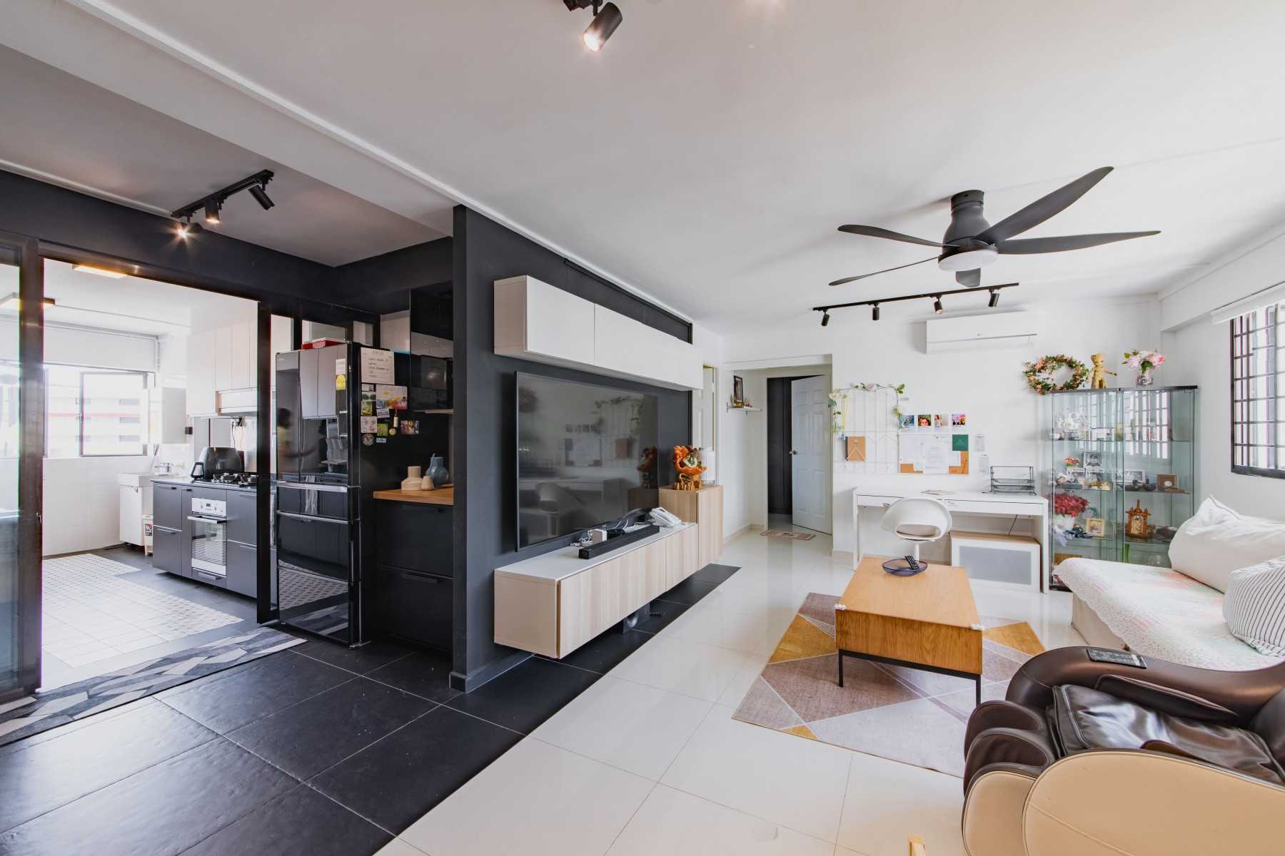 Scandinavian Living Room with Homogeneous Tiles and Feature Wall