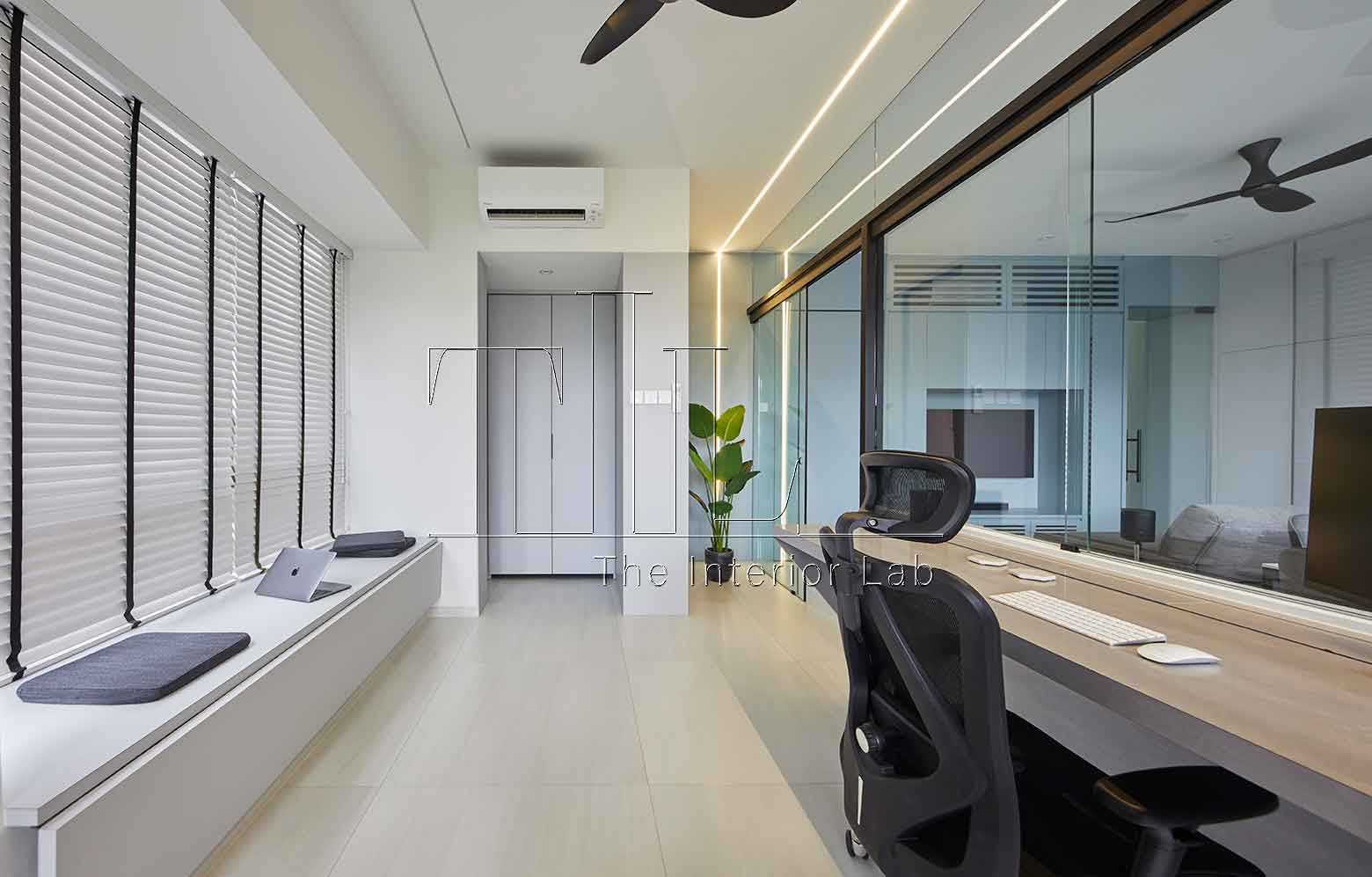 Contemporary Home Office with Bay Window and Storage Cabinets