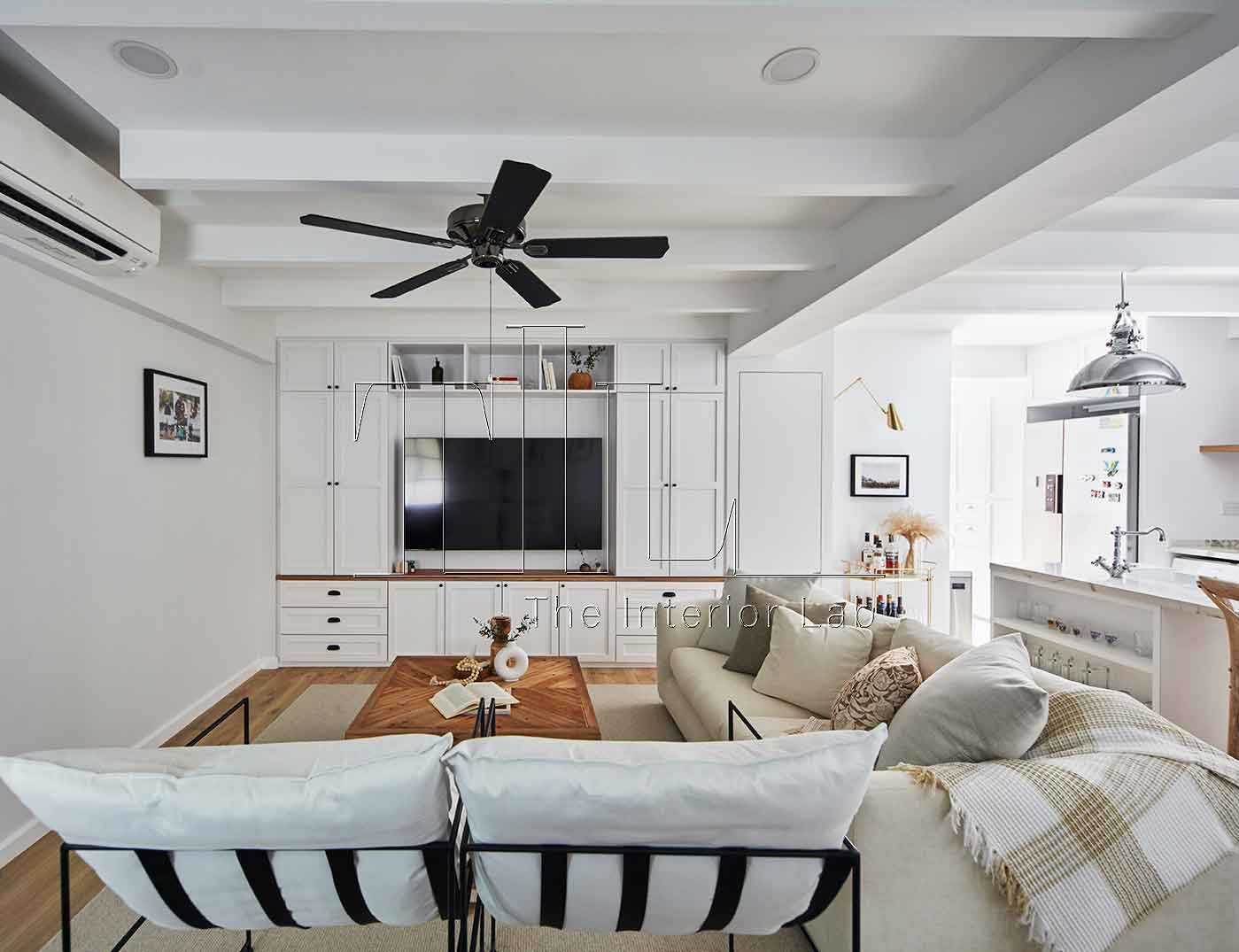 Country Living Room with TV Console and Ceiling Fan