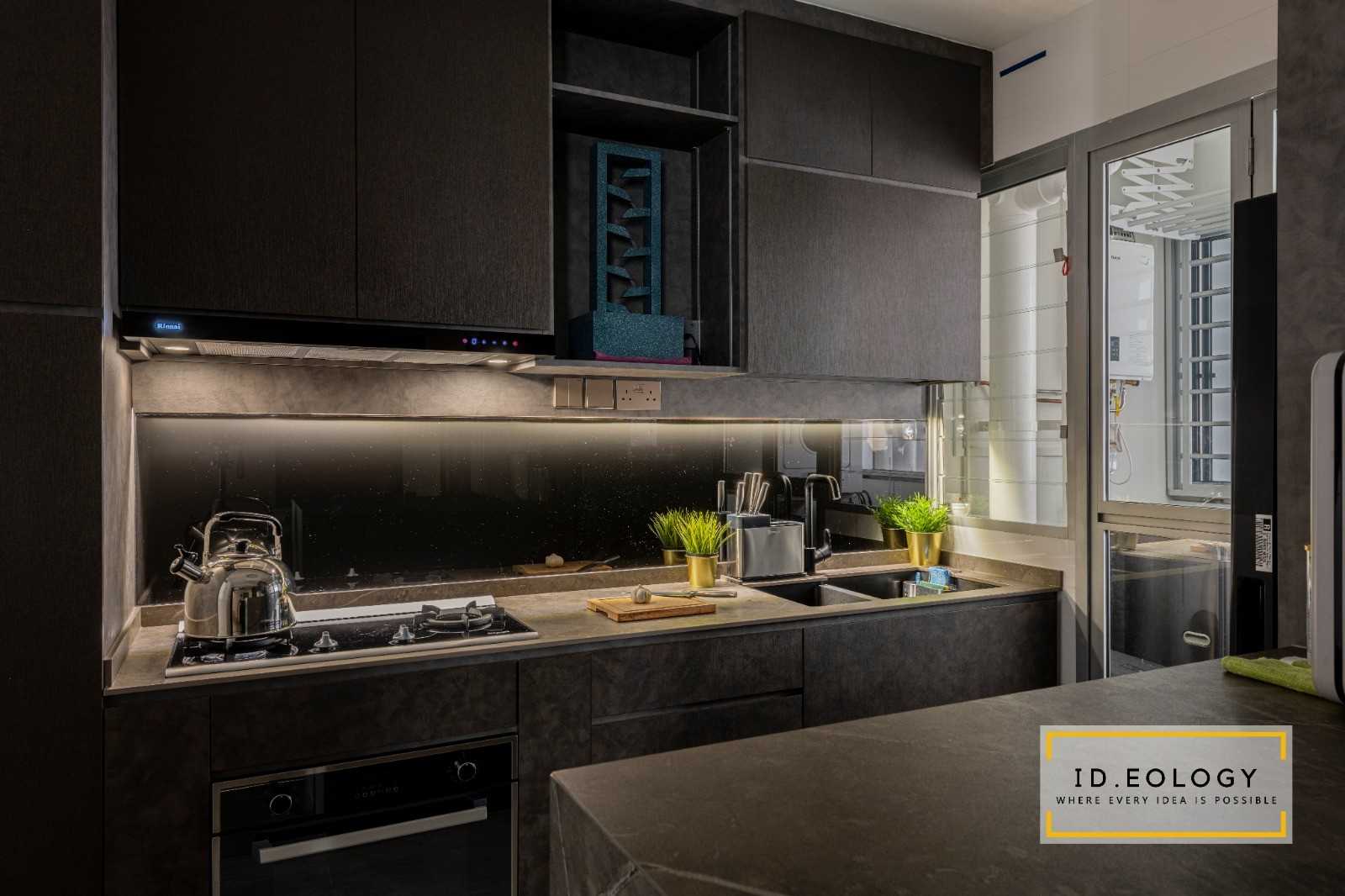 Industrial Kitchen with Marble Floor and Wood Flooring