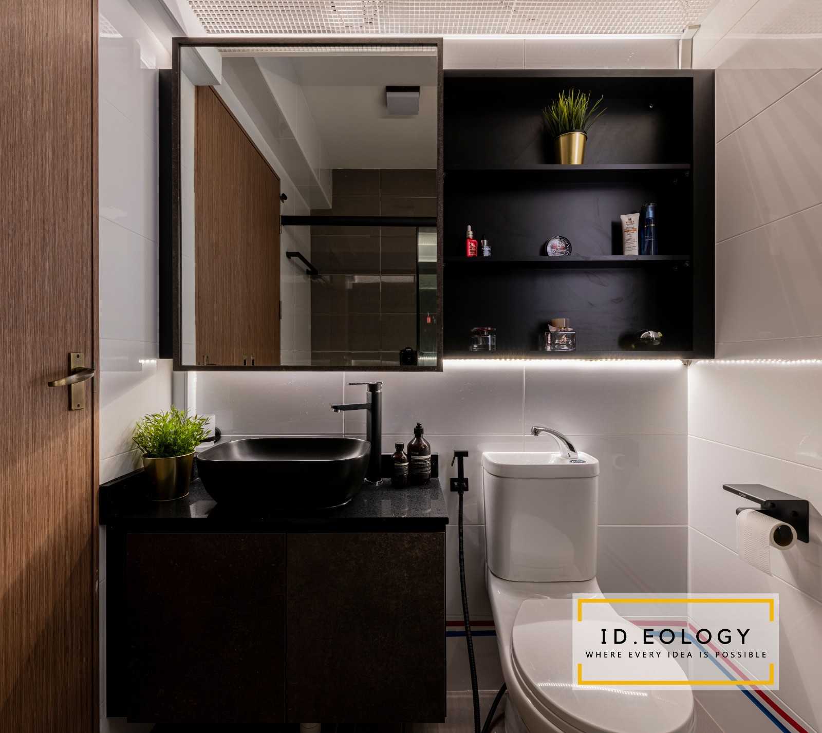Industrial Bathroom with Marble Floor and Mirror