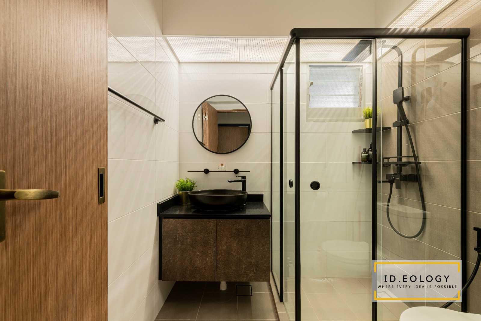 Industrial Bathroom with Herringbone Tiling and Marble Floor