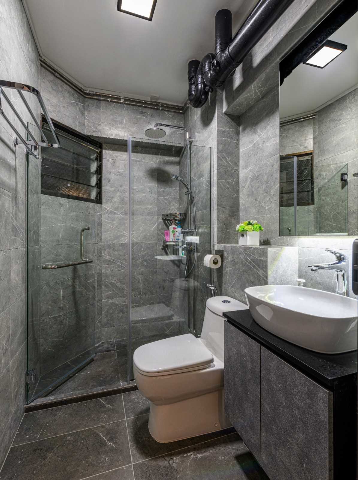 Industrial Bathroom with Mirror and Shower Screen