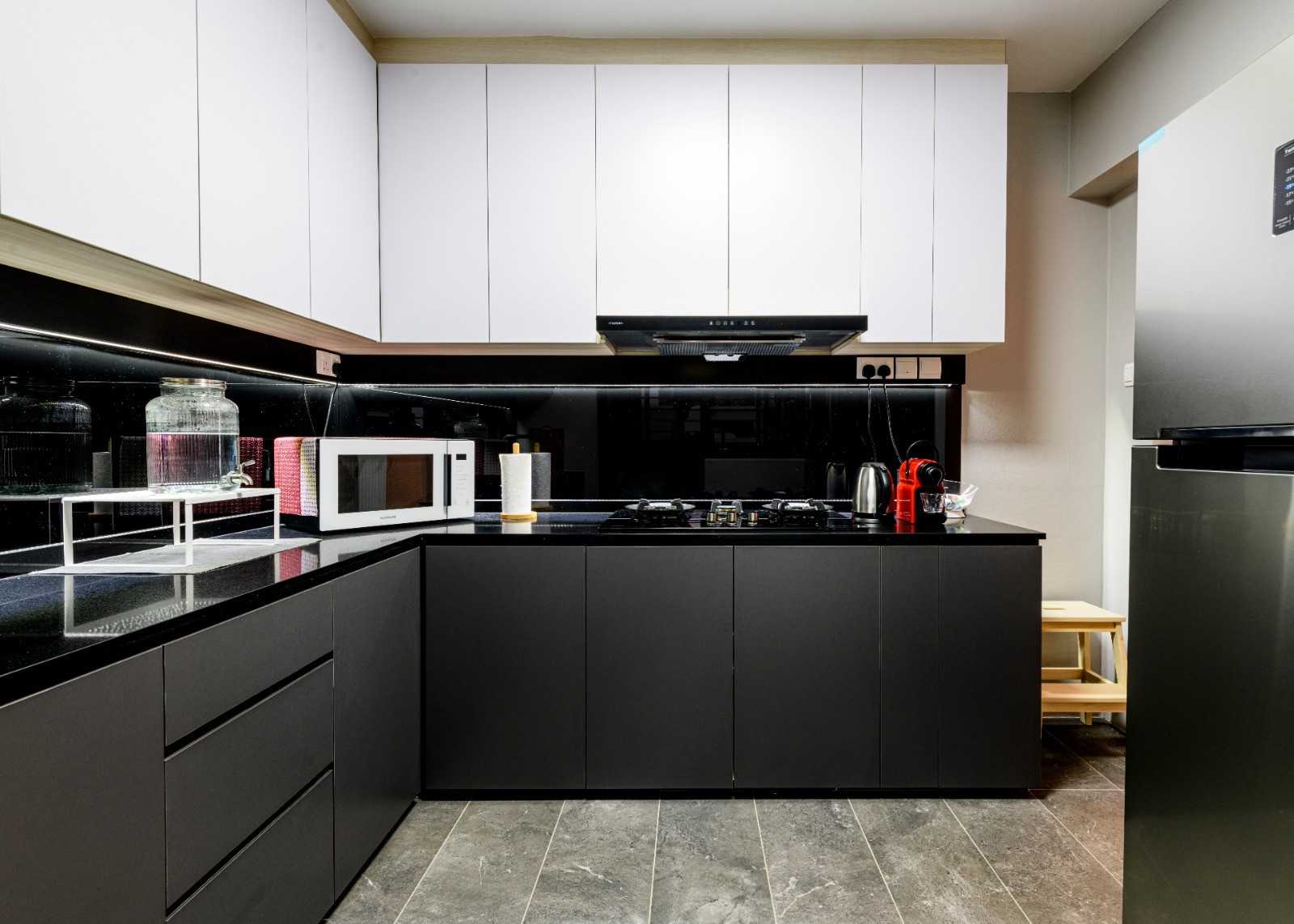Industrial Kitchen with Marble Floor and Wood Flooring