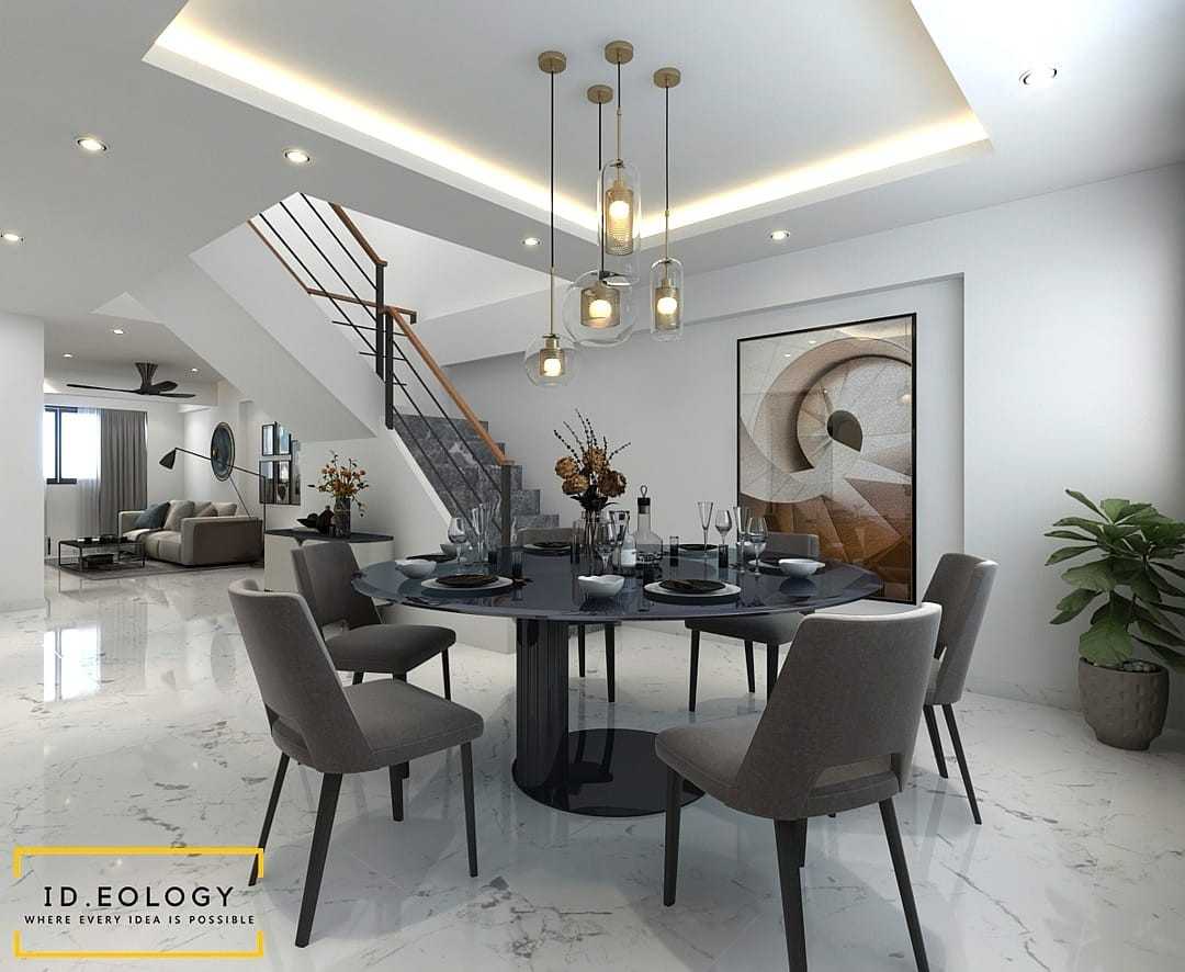 Contemporary Dining Room with Cove Lighting and Chandelier