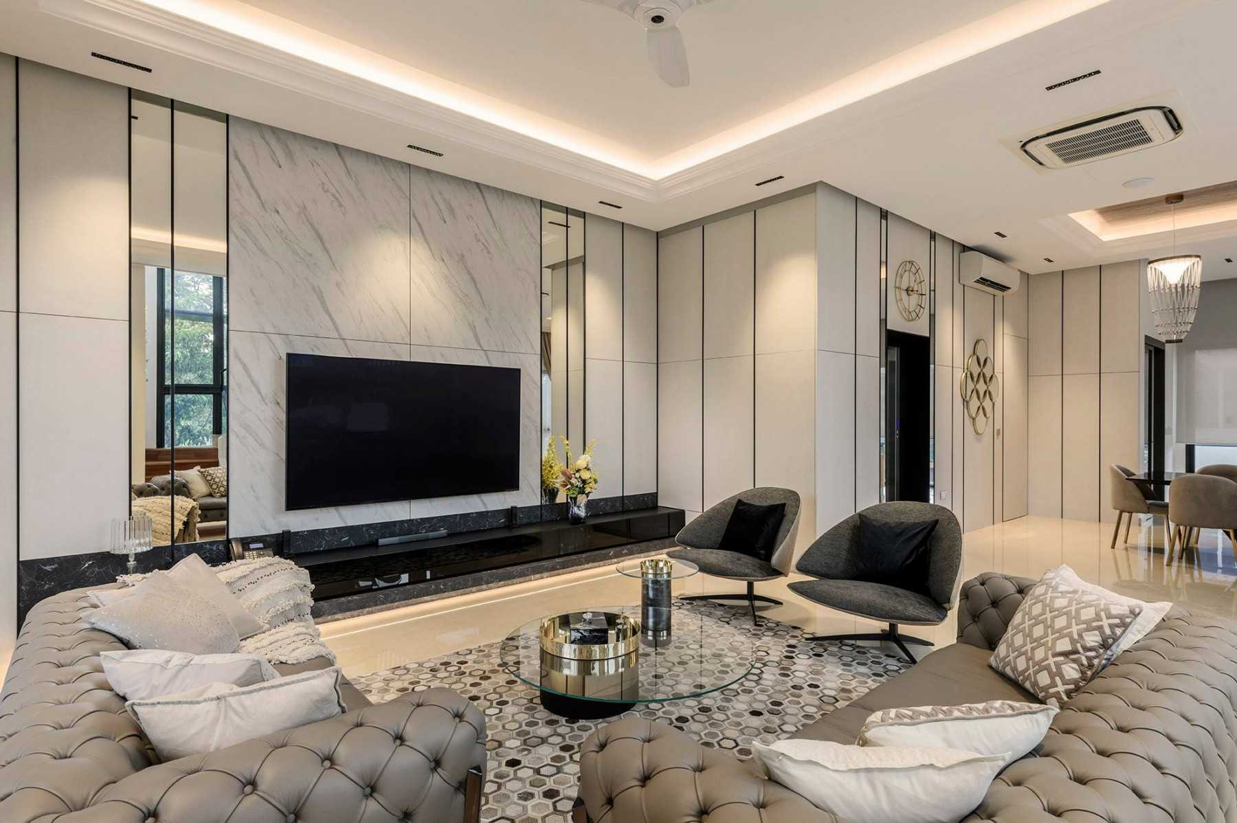 Contemporary Living Room with Vinyl Flooring and Herringbone Tiling