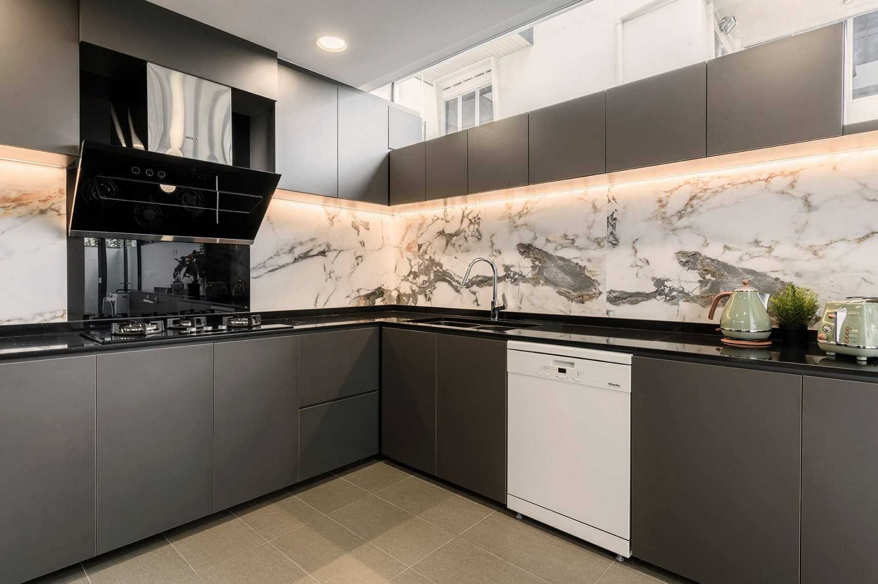 Contemporary Kitchen with Granite Floor and Wood Flooring