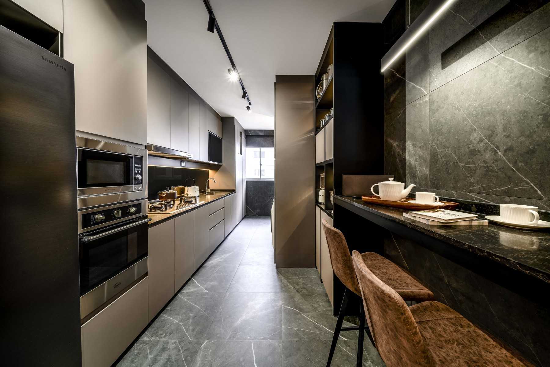 Modern Kitchen with Countertop and Marble Floor