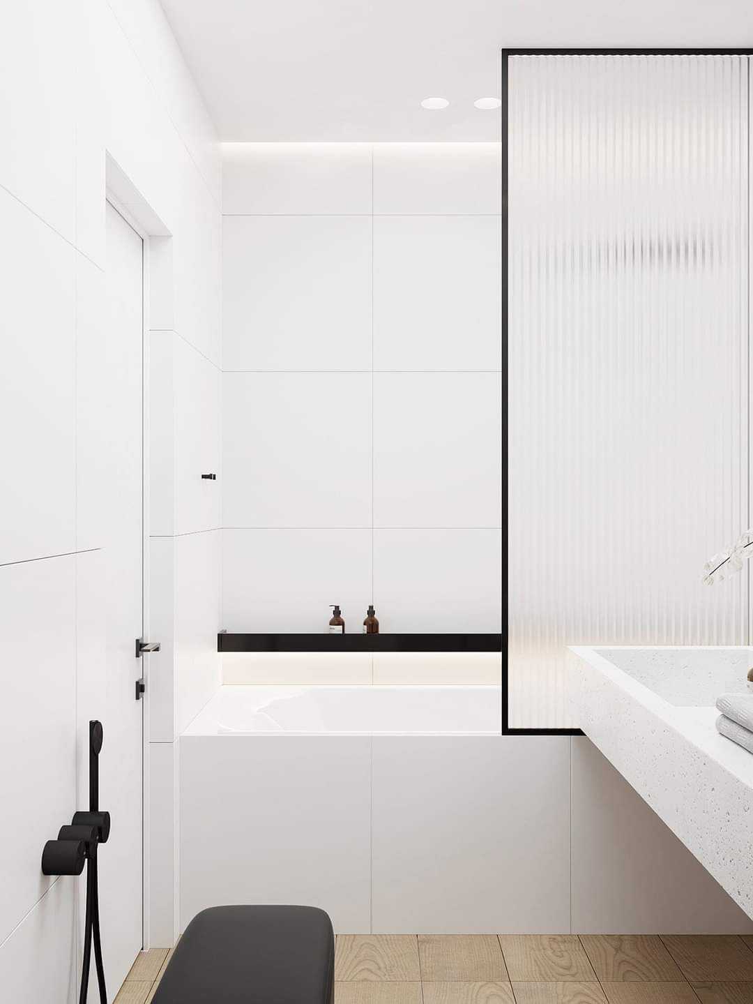 Contemporary Bathroom with Homogeneous Tiles and Wood Flooring