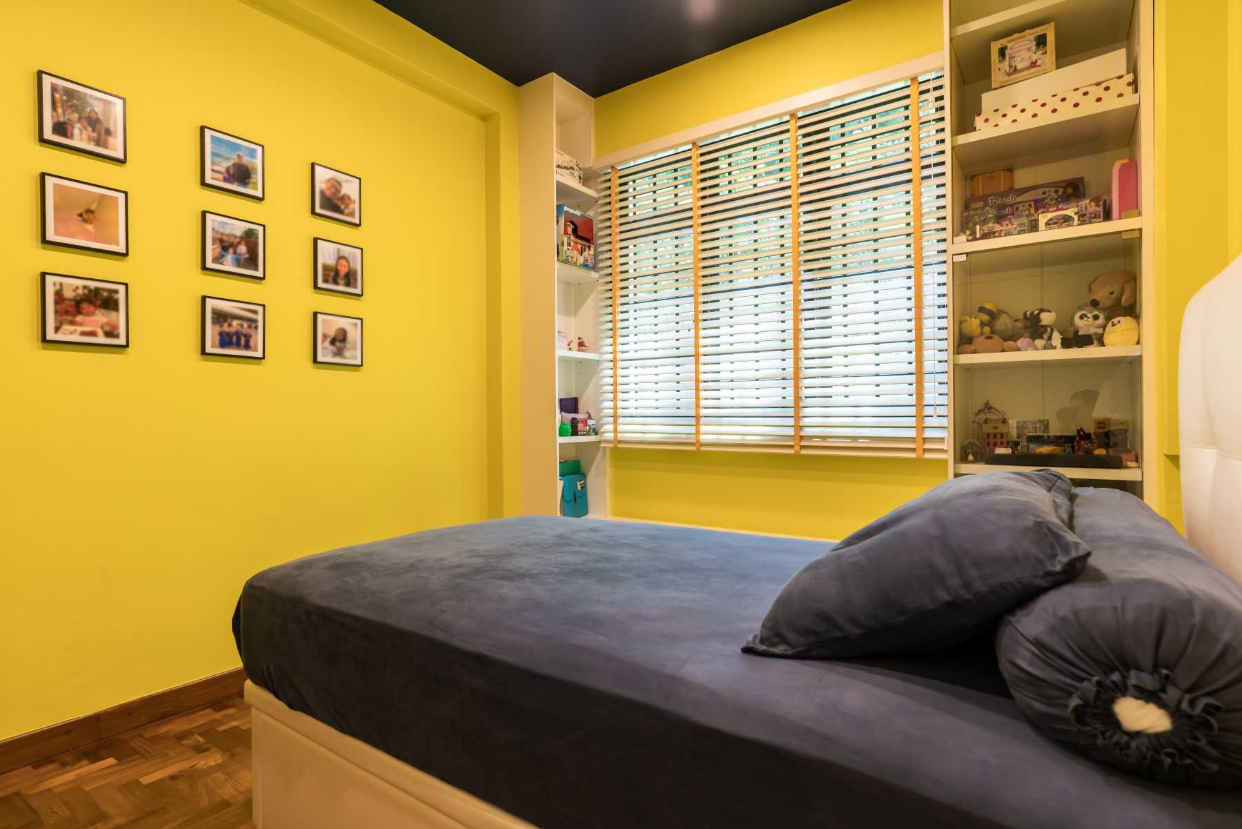 Asian Bedroom with Parquet Floor and Bookcases