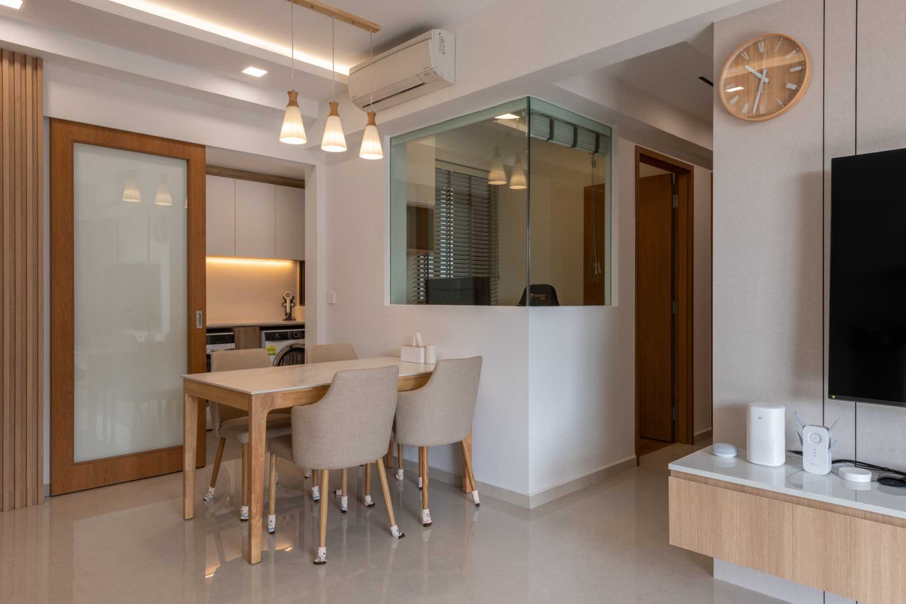 Contemporary Dining Room with Chandelier and Seating Bench