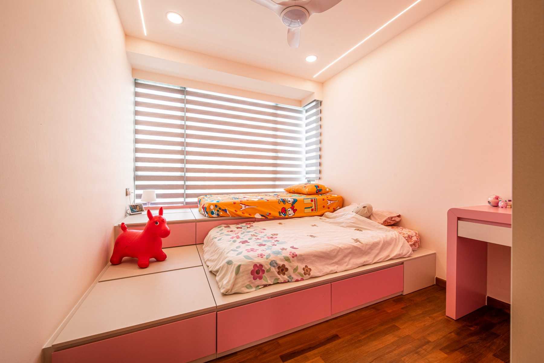 Eclectic Bedroom with Bookshelf and Platform Bed
