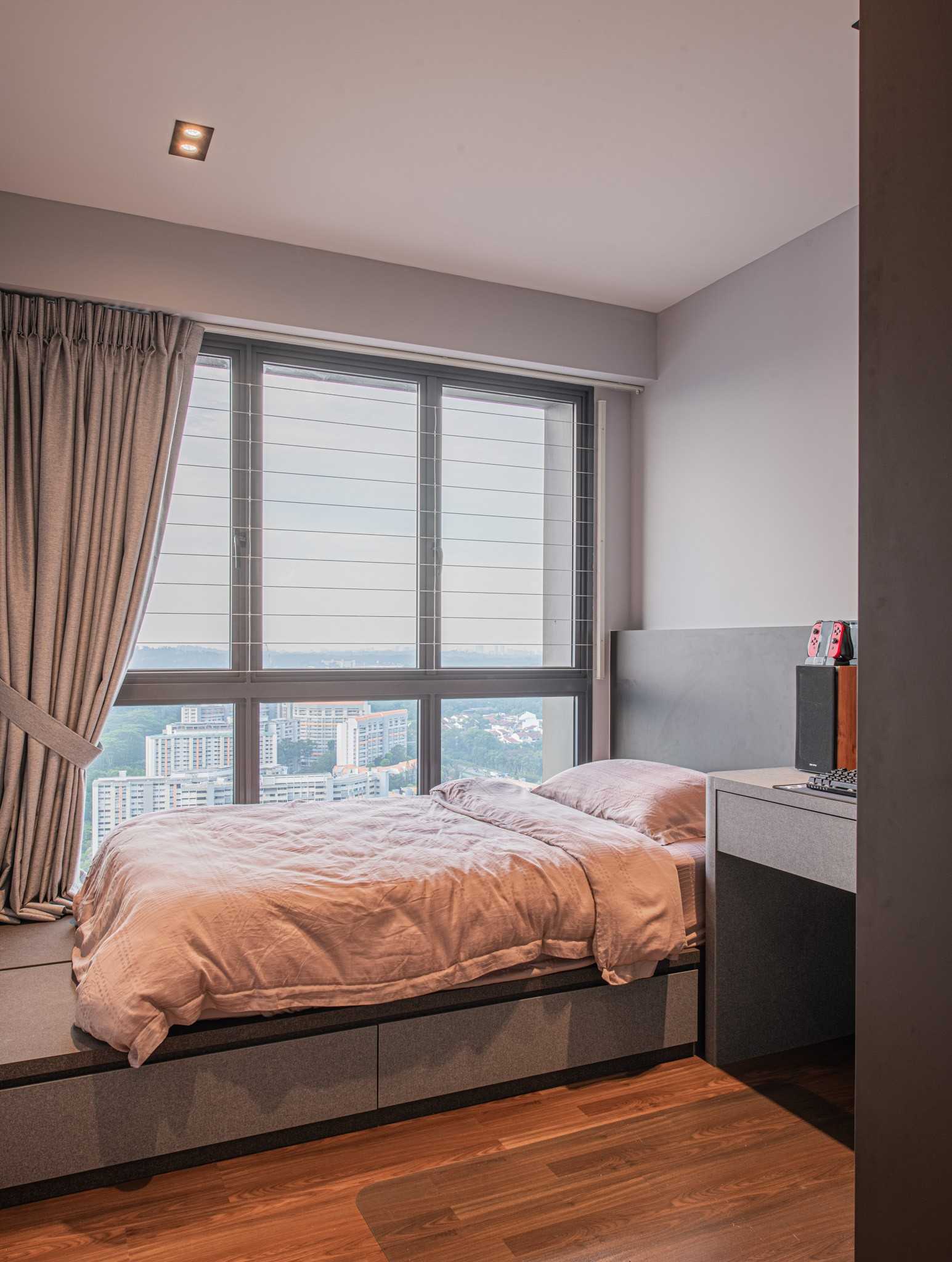 Contemporary Bedroom with Bookshelf and Platform Bed