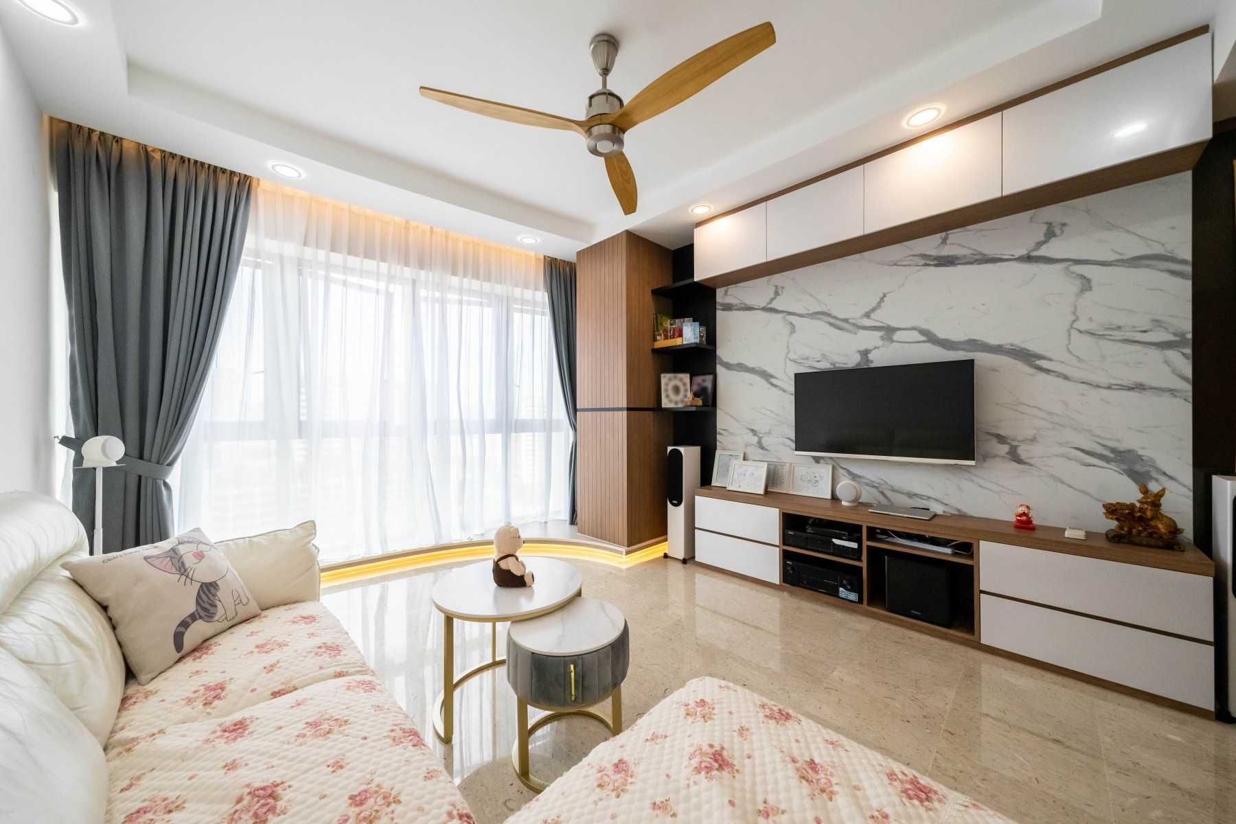 Modern Living Room with Homogeneous Tiles and TV Console