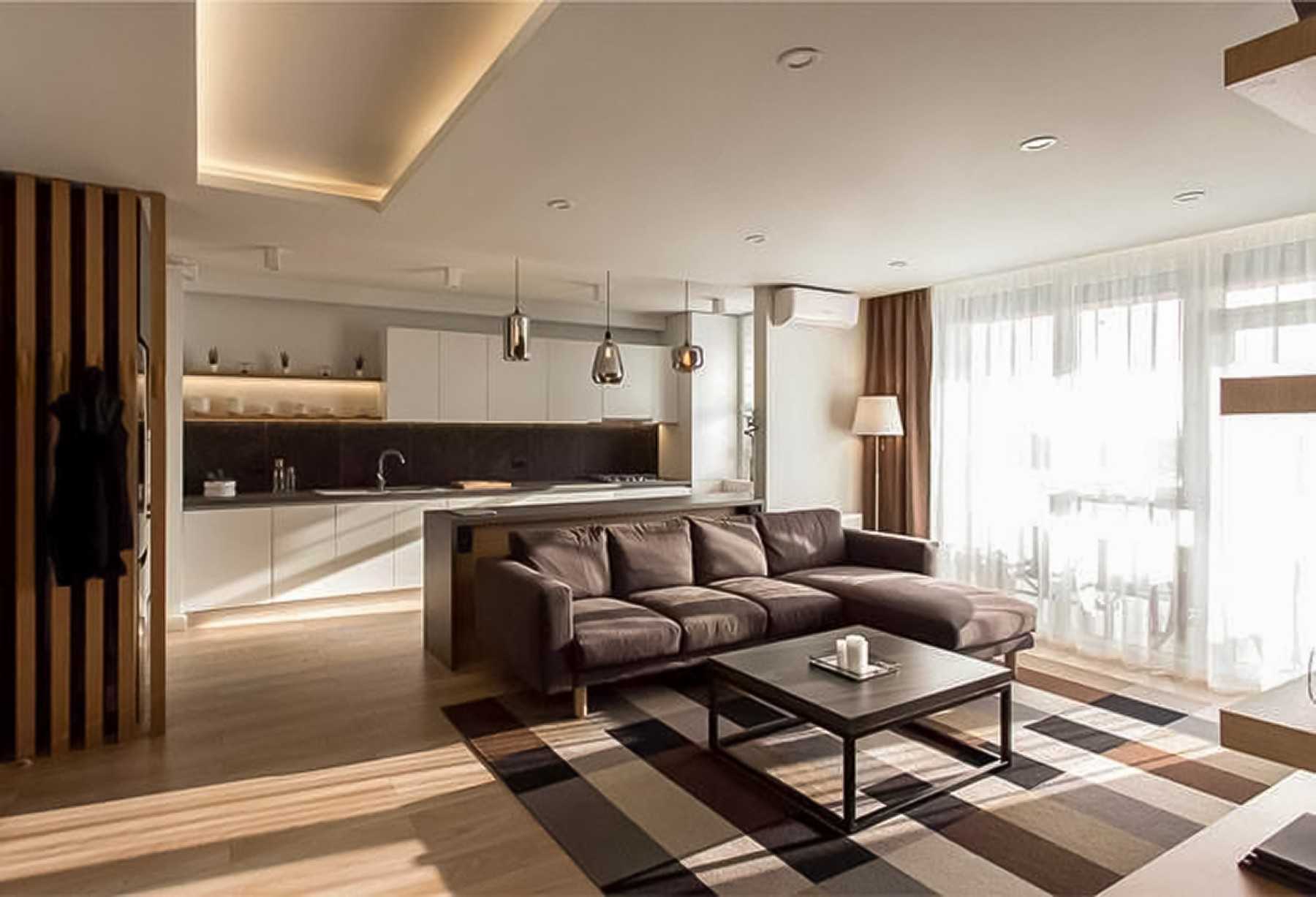Contemporary Living Room with Kitchen Backsplash and Sofa