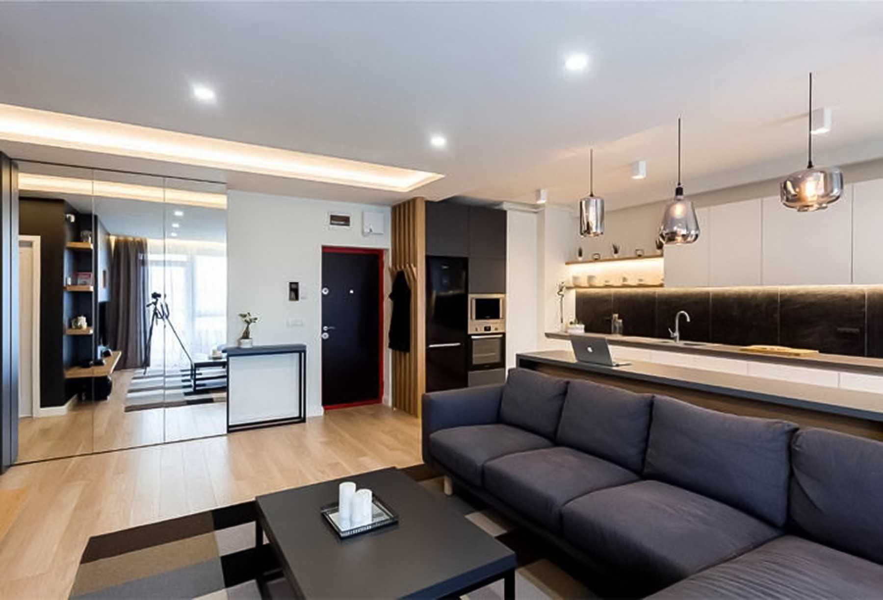 Contemporary Living Room with TV Console and Mirror